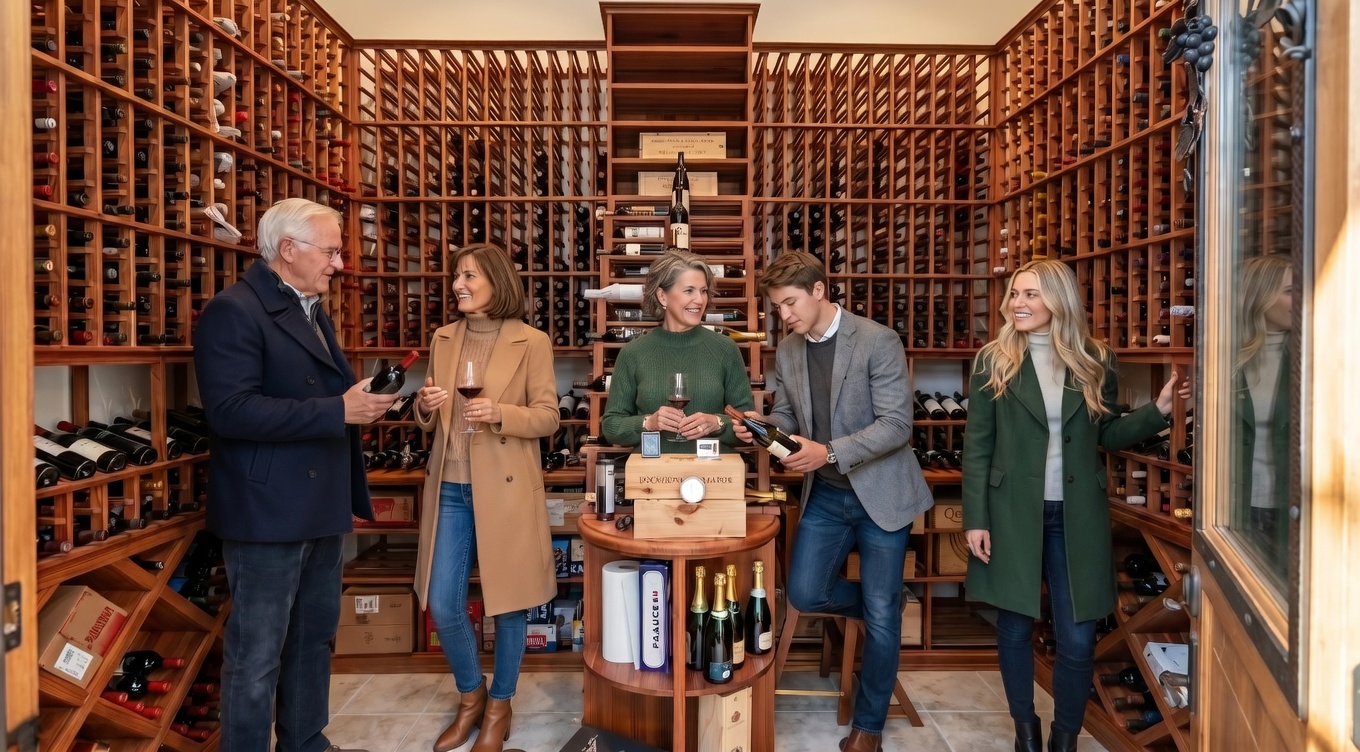 This image showcases a well-stocked wine cellar with wooden racking that spans the walls. Four people are present, enhancing the impression of a spacious and inviting area for wine enthusiasts. The area also features a display table and organization for accessories.