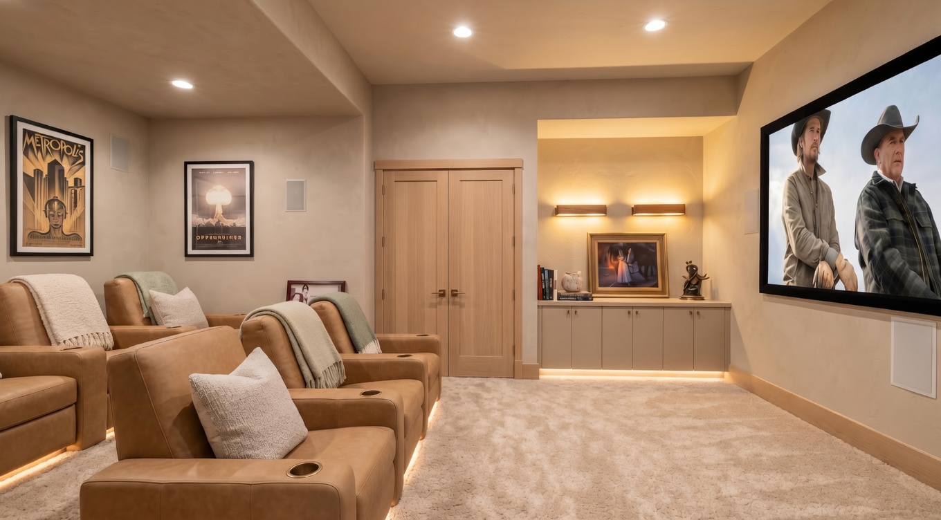 This is an interior shot of a home theater. The room features several leather recliner chairs, a large screen displaying a western movie, and movie posters on the walls. The walls are painted in warm earth tones, and the room is well-lit with recessed lighting, creating a cozy and inviting atmosphere.