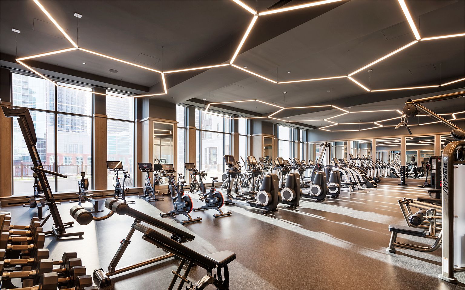 This modern, professional-grade fitness center features a wide array of cardio equipment, including stationary bikes and elliptical machines, arranged in neat rows. The space is defined by a striking geometric LED lighting installation on the dark ceiling and large windows that provide ample natural light and urban views. The room has a clean, industrial aesthetic with dark flooring and a spacious layout designed for a premium workout experience.