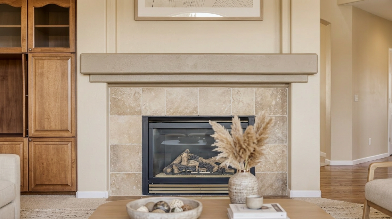 This living room features a prominent fireplace with a traditional beige stone tile surround and a custom mantelshelf. To the left, there is a built-in wooden cabinet unit providing ample storage and display space. The room is decorated in a neutral, inviting palette, accented by natural textures like dried pampas grass in a ceramic vase.
