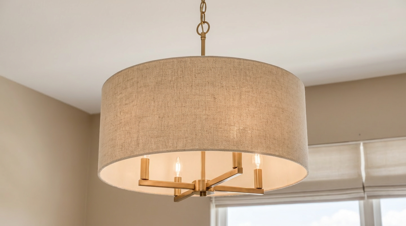 This image highlights a stylish, drum-style chandelier with a textured light-tan fabric shade and an elegant brass metallic finish. The fixture incorporates classic candelabra-style bulb sockets, blending modern minimalism with a soft, warm aesthetic. It serves as a sophisticated focal point, providing both functional lighting and decorative appeal to a room.