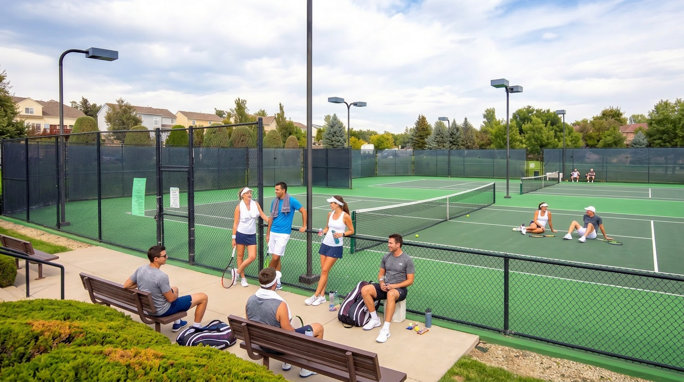 This image showcases a well-maintained community tennis court facility featuring green hard courts enclosed by black chain-link fencing. The scene is set against a bright blue sky with scattered clouds, with manicured green lawns and mature trees surrounding the perimeter. The perspective is a wide-angle ground-level shot that emphasizes the recreational space and the open, inviting atmosphere of the neighborhood amenities.