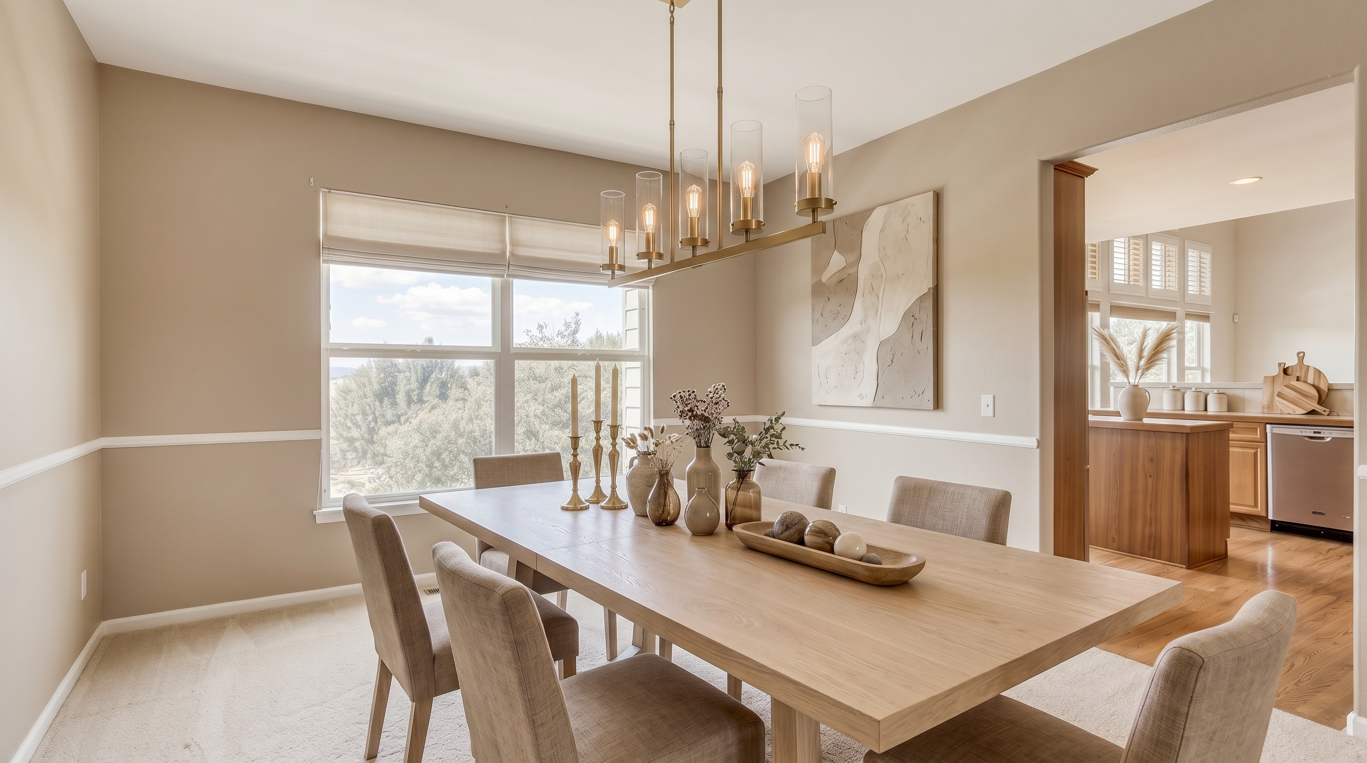 This spacious and well-lit dining room features neutral-toned walls with elegant wainscoting and plush carpeting. A decorative chandelier serves as a focal point above the dining area, while the open architectural flow provides a clear sightline into the adjacent kitchen. Natural light floods the space through a large picture window, creating an inviting and airy atmosphere.