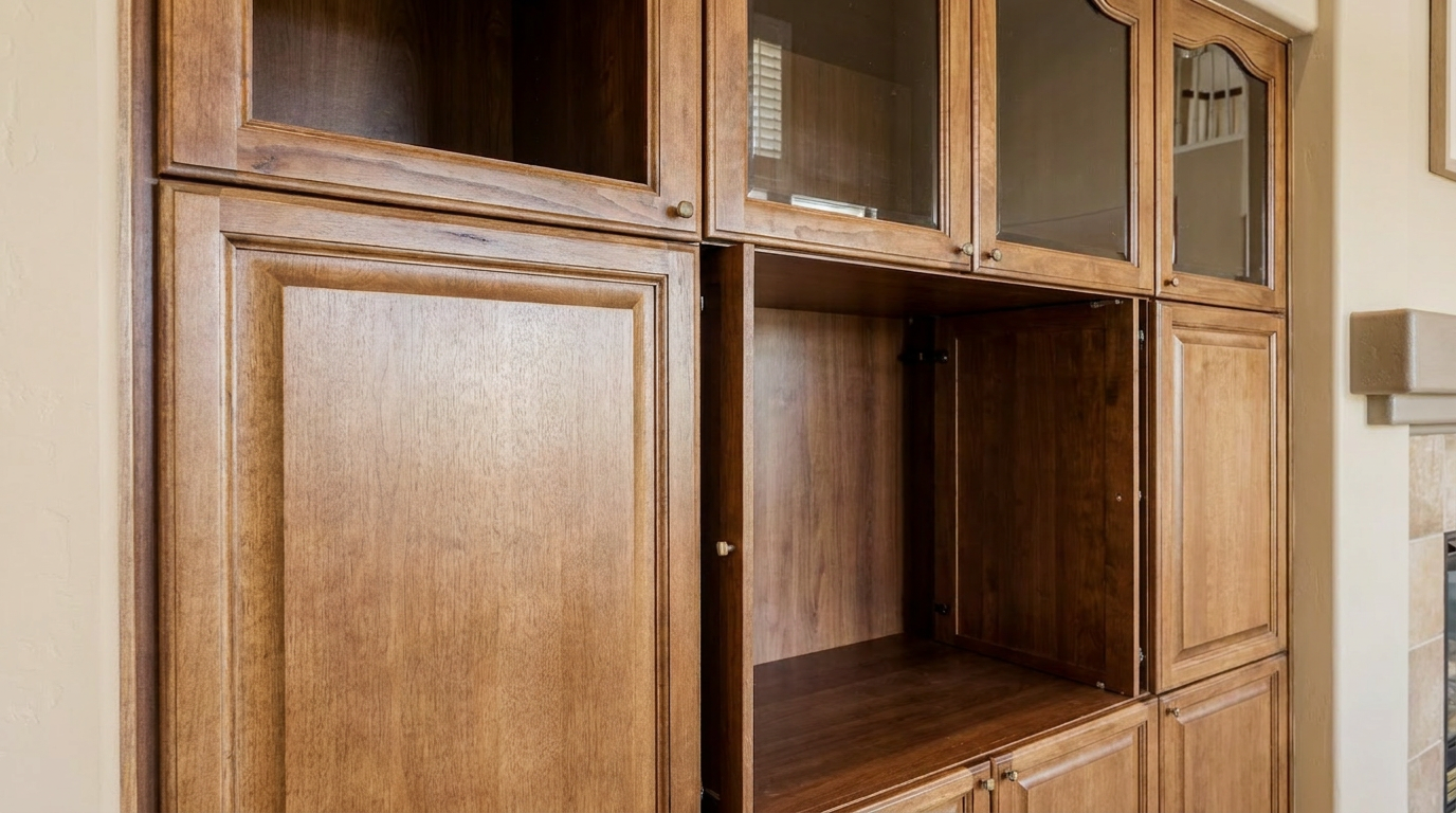 This image highlights a custom-built, wooden cabinetry unit, likely serving as a media center or display feature. The unit features a combination of solid wood cabinet doors and glass-front upper displays, showcasing traditional craftsmanship and rich, warm wood tones that add character to the living space. Its integrated design and architectural detailing suggest a high-quality finish, typical of built-in storage solutions found in refined residential properties.