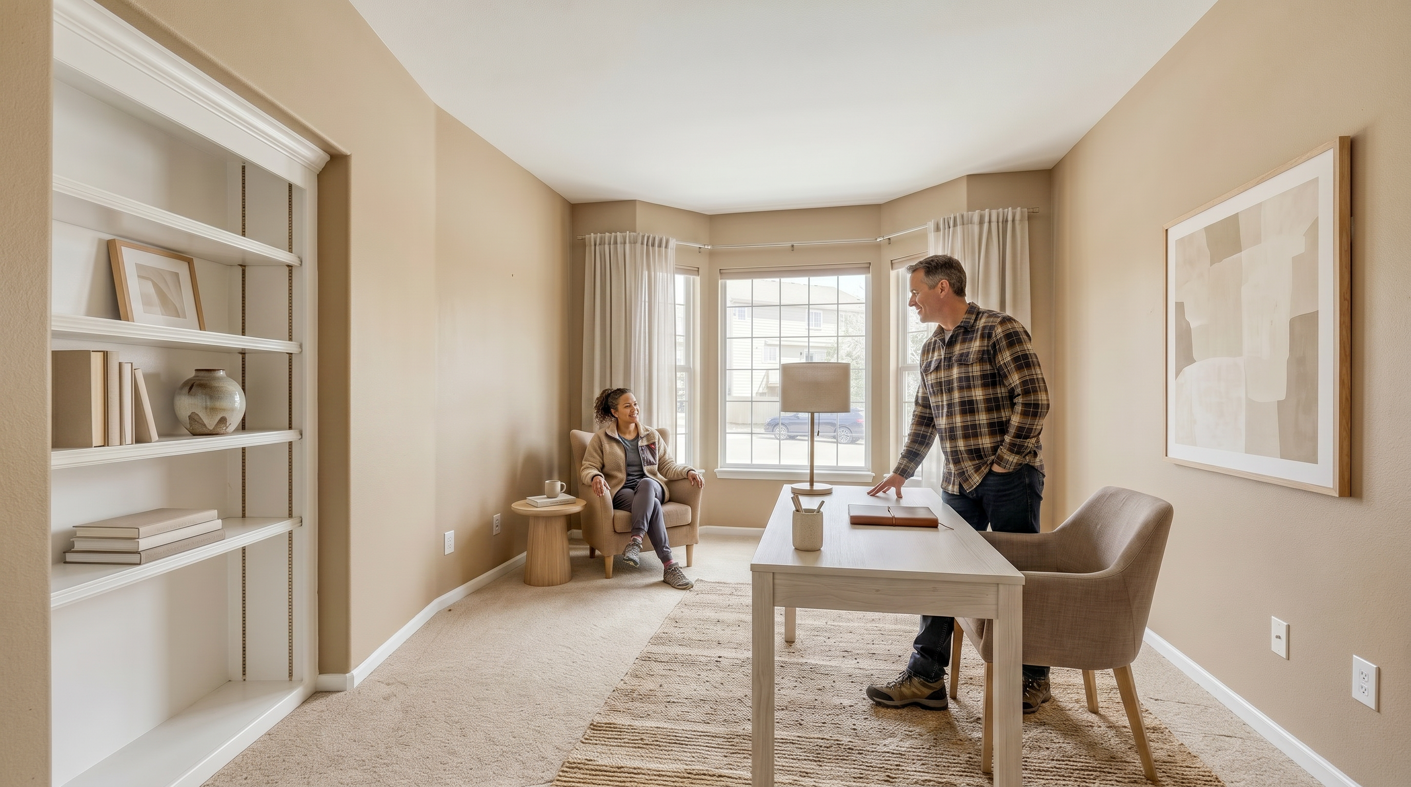 This versatile room features neutral paint and beige carpeting throughout, creating a blank canvas suitable for a home office, study, or den. A built-in bookshelf integrated into the wall adds functional storage, while a large window with a curtain rod provides ample natural light and views of the exterior. The space feels open and well-maintained, ready for personalized furniture arrangements.