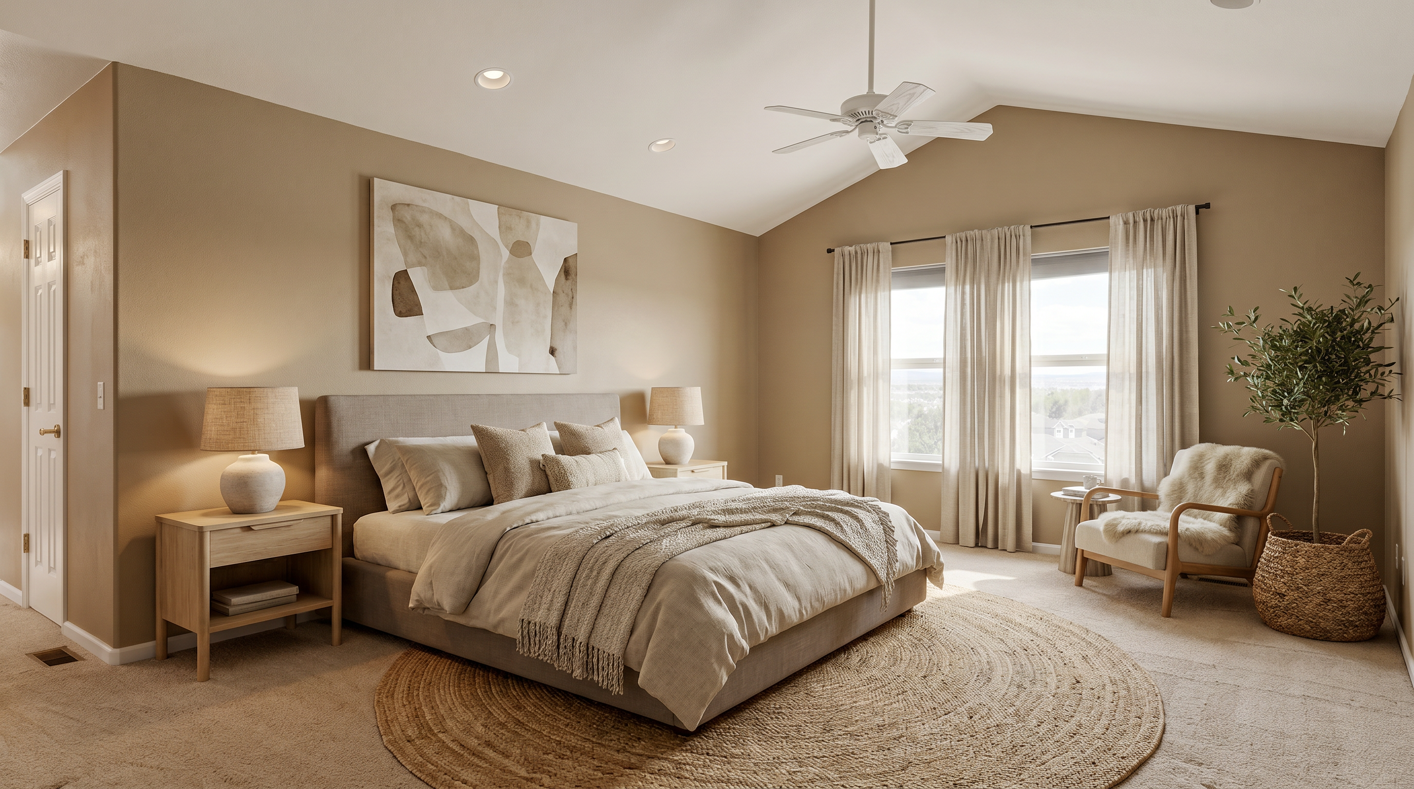 This spacious primary bedroom features neutral wall tones, warm carpeting, and a vaulted ceiling with a central fan, providing an airy and inviting atmosphere. A large, expansive window with classic drapery allows for abundant natural light and offers scenic views of the neighborhood below. The room includes a convenient integrated entrance to an en-suite bathroom with a vanity, making it a functional and well-laid-out living space.