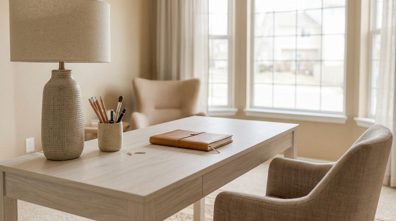 This tranquil home office space features a light wood desk centered in a warm, neutral-toned room. Key elements include a textured table lamp, a notebook, writing utensils, and a window that fills the area with soft, natural light, creating an inviting and productive atmosphere. An upholstered armchair suggests a comfortable, dedicated space for work or reflection.