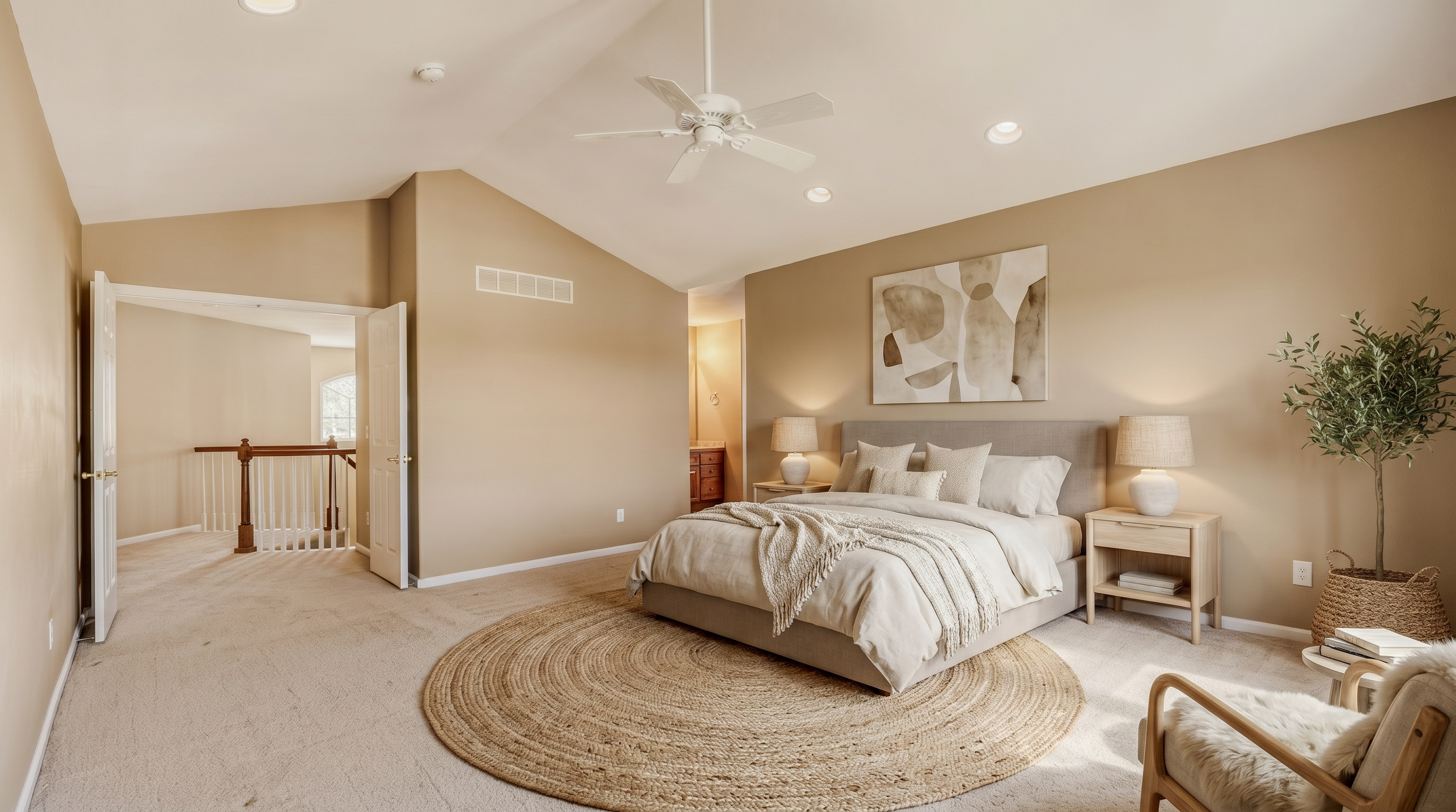 This spacious, light-filled primary bedroom features vaulted ceilings and neutral tan carpeting and wall paint, offering a versatile canvas for any decor style. The room includes recessed lighting, a ceiling fan, and leads directly into a private en-suite bathroom. An open doorway provides a view out onto a landing overlooking the staircase, enhancing the flow and sense of space.