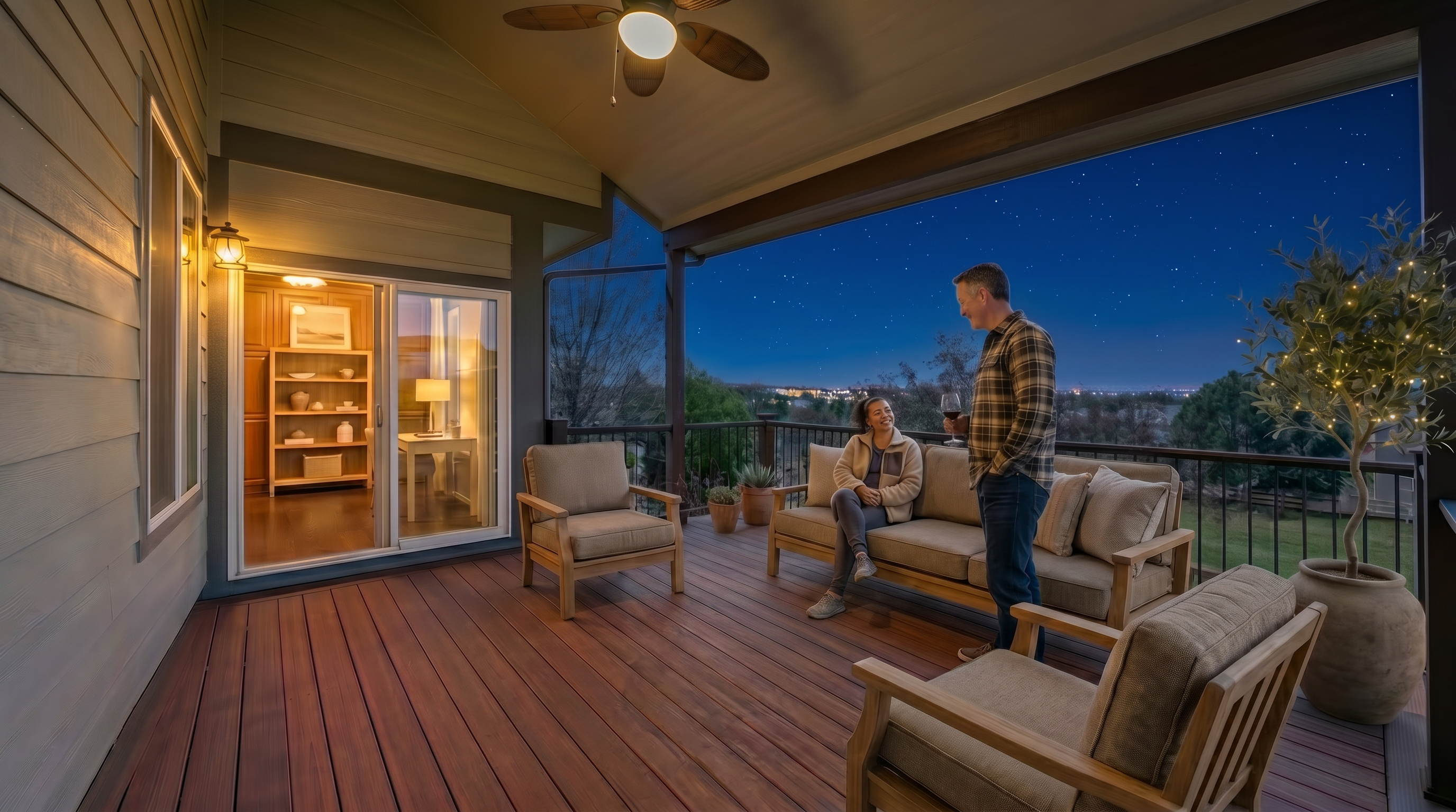 This spacious covered deck features premium dark-stained wood decking and a sturdy metal railing system, offering panoramic views of the surrounding neighborhood and greenery. The area is equipped with a ceiling fan, providing a comfortable space for outdoor relaxation and entertaining. The covered section ensures usability in various weather conditions, making it an appealing extension of the indoor living space.
