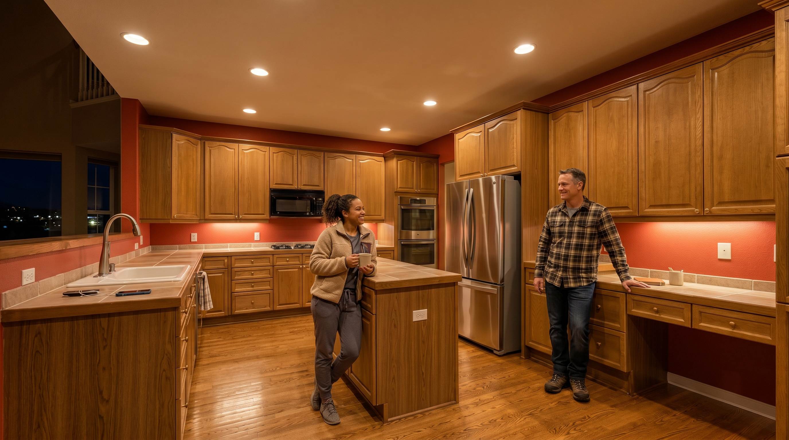 This spacious kitchen features medium-toned wood cabinetry paired with vibrant red accent walls and tile countertops. It includes a functional central island, stainless steel appliances, and a dedicated desk nook, providing a traditional and highly practical layout. The warm hardwood flooring and recessed lighting create a welcoming and well-lit atmosphere perfect for cooking and entertaining.