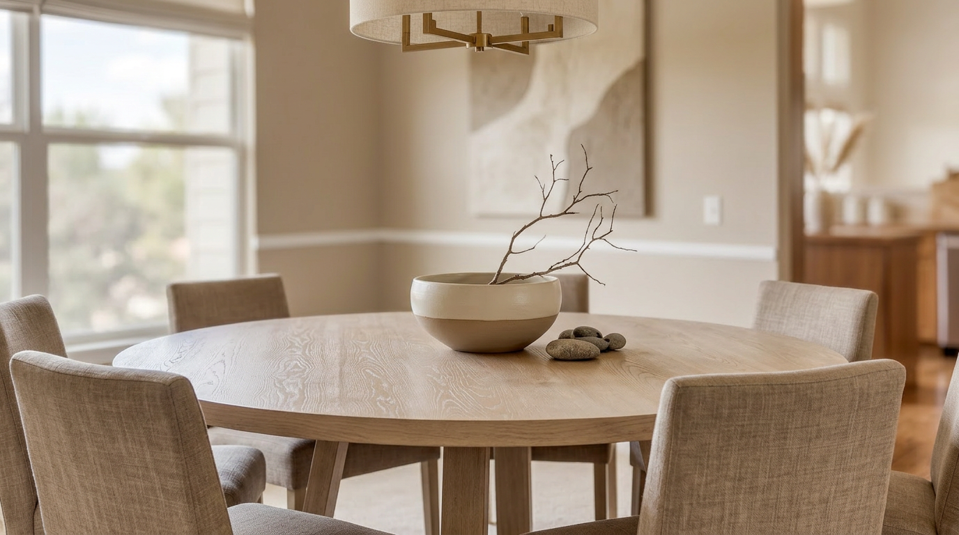 This bright and inviting dining area features a round, light-wood table paired with neutral upholstered chairs. A modern, minimalist drum pendant light hangs above, while a decorative bowl with natural elements serves as a sophisticated centerpiece. The neutral color palette and clean lines contribute to a serene, transitional design suitable for contemporary living.