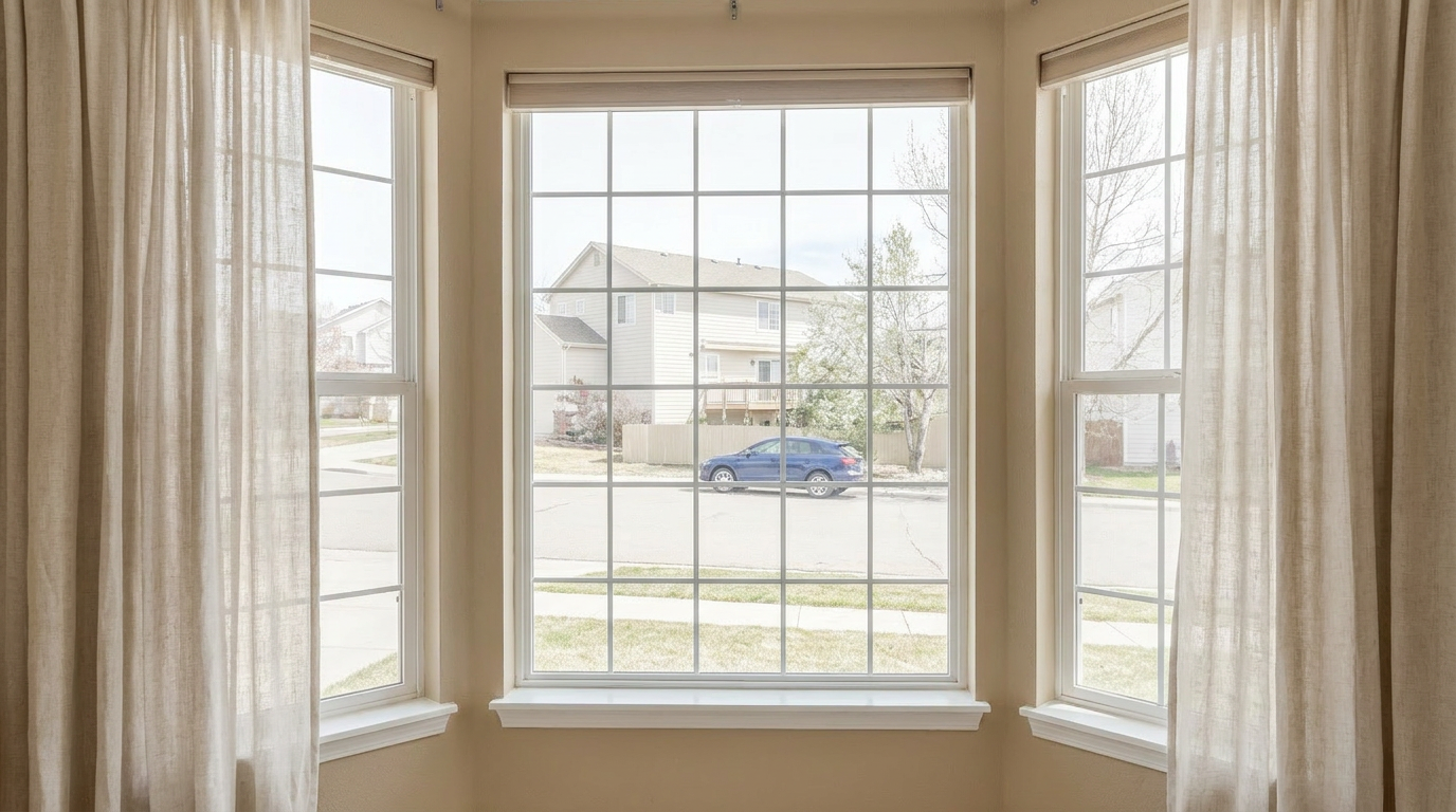 This image features a bright and inviting bay window area, characteristic of a living or dining space, complete with soft, neutral-toned curtains. The multi-pane configuration provides a pleasant, framed view of a suburban street and natural neighborhood surroundings. The clean walls and simple trim enhance the architectural character of the room, creating a cozy and airy atmosphere.