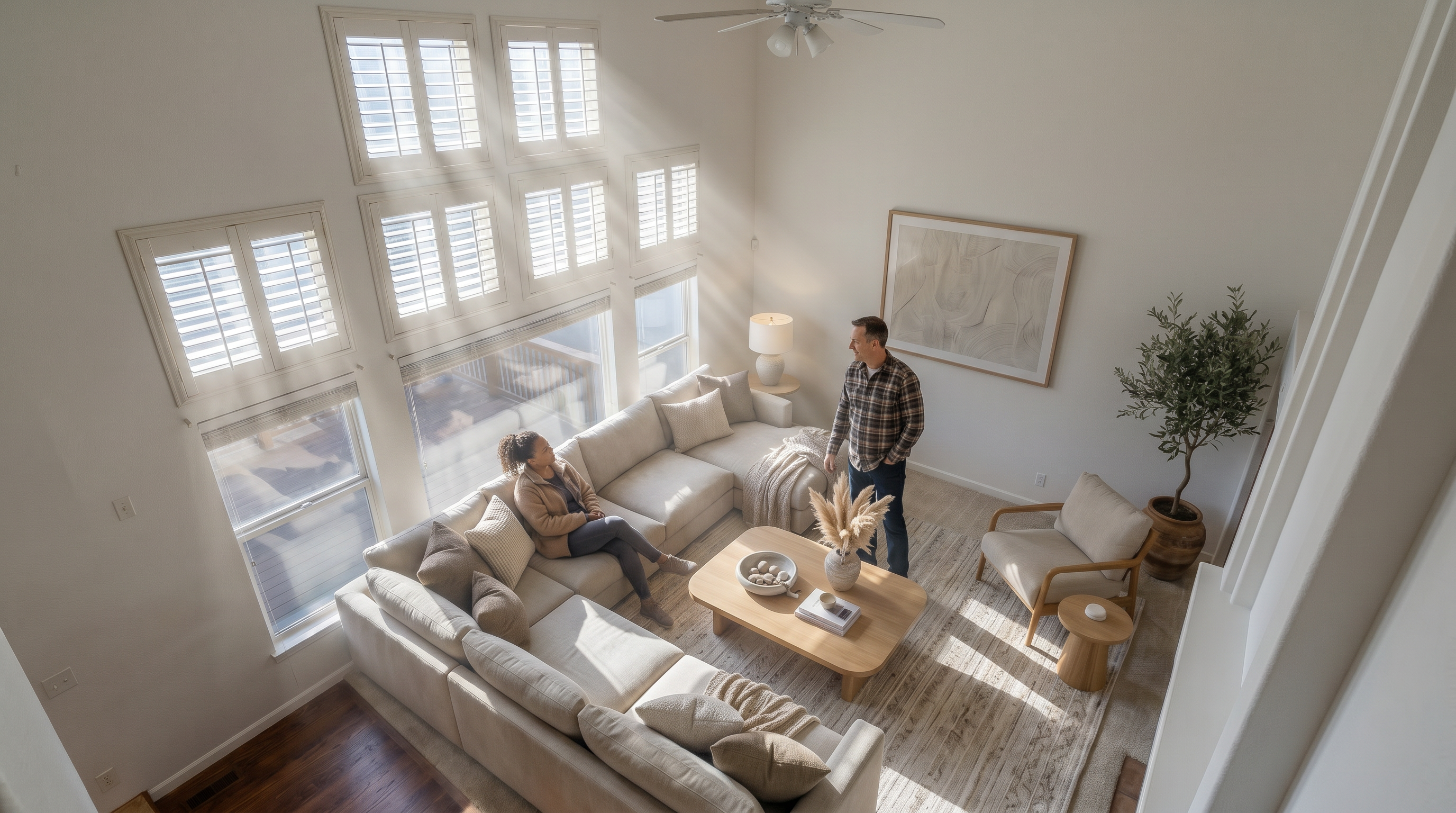 This spacious, high-ceiling living room features a loft-style overlook with abundant natural light provided by a wall of oversized windows fitted with plantation shutters. The neutral color palette, complemented by plush carpeting and a modern ceiling fan, creates an airy and inviting atmosphere. The design offers an open feel, making it an ideal space for comfortable living and entertaining.