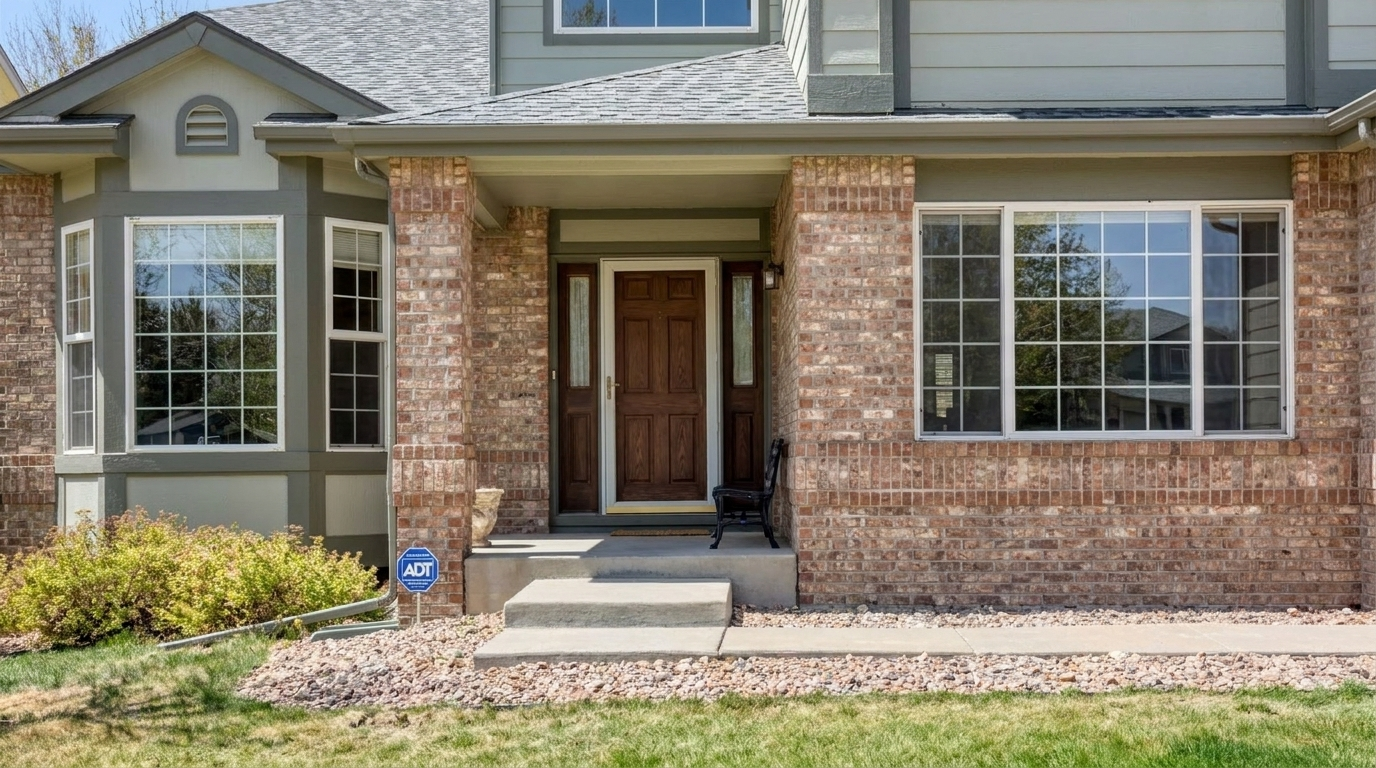 This inviting home entrance features a classic red brick facade complemented by sage green-painted trim and clean white window frames. The entryway includes a dark wood front door flanked by side lights, a small concrete porch with a decorative bench, and a gravel-bordered walkway. The overall aesthetic is traditional and well-maintained, highlighting an appealing curb presence.