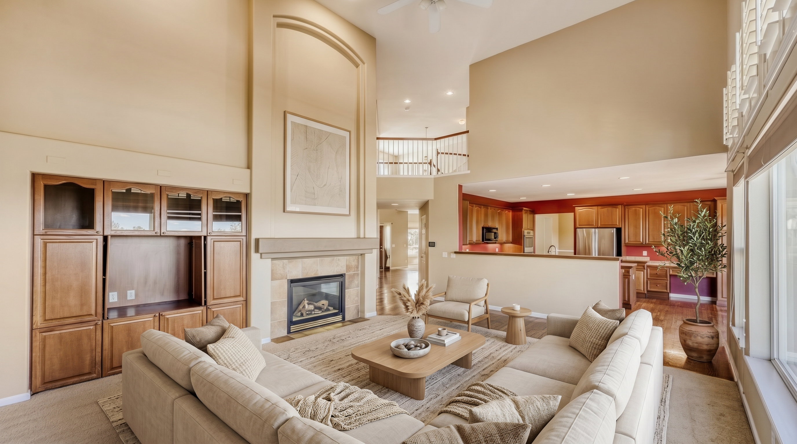 This spacious living room features soaring vaulted ceilings and a prominent fireplace with a traditional hearth, creating a grand focal point. Adjacent to the living area is an open-concept kitchen with warm-toned cabinetry, providing a seamless flow for entertaining. Large windows and a clear view to the lofted upper level enhance the home's open and airy appeal.