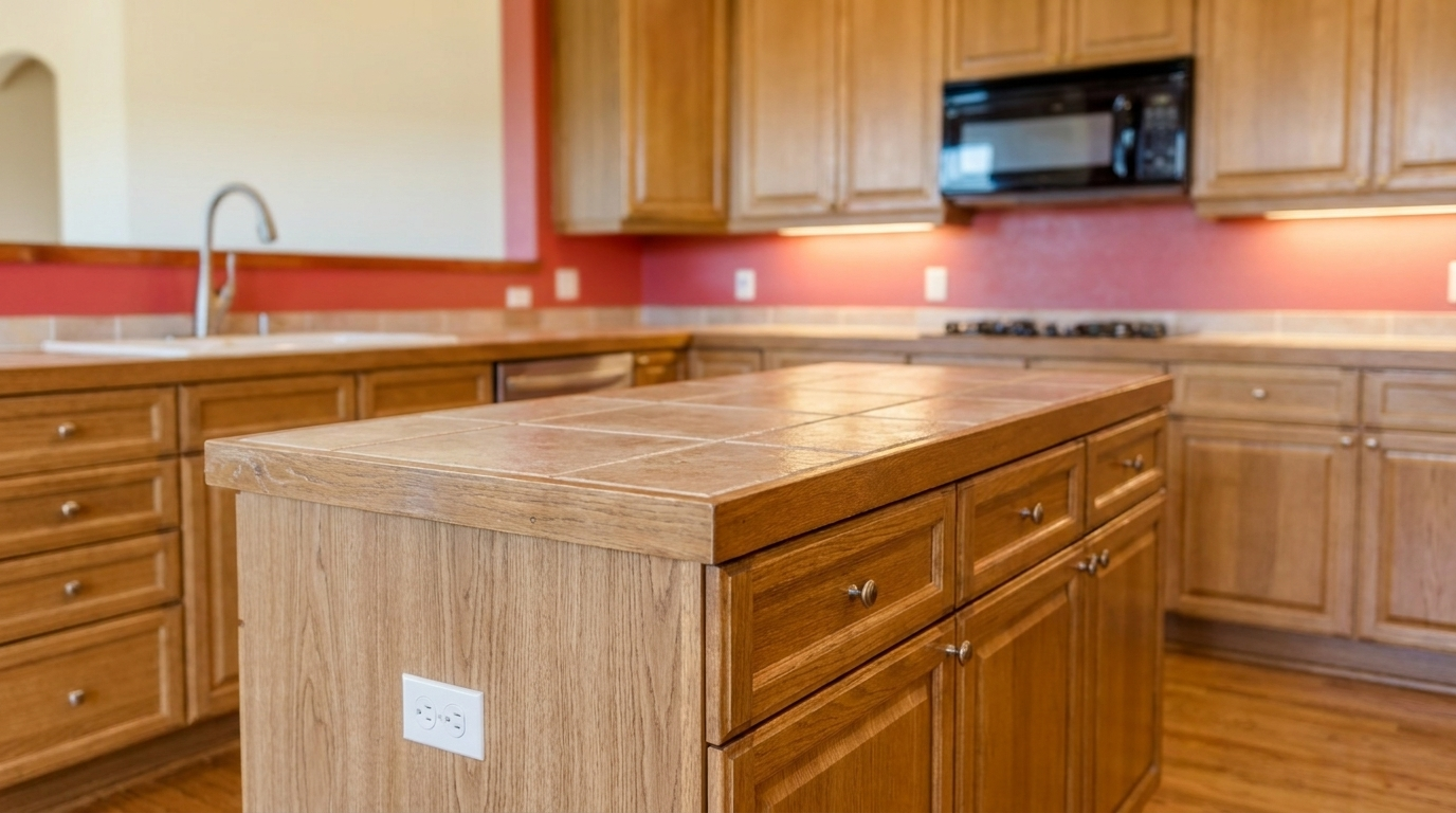 This kitchen features warm-toned oak cabinetry, a central island with a durable tiled countertop, and a built-in microwave. The space is accented by vibrant red walls and sleek stainless steel hardware, offering a functional and traditional design aesthetic. A double sink with a modern faucet and ample cabinet space make this an efficient work area.