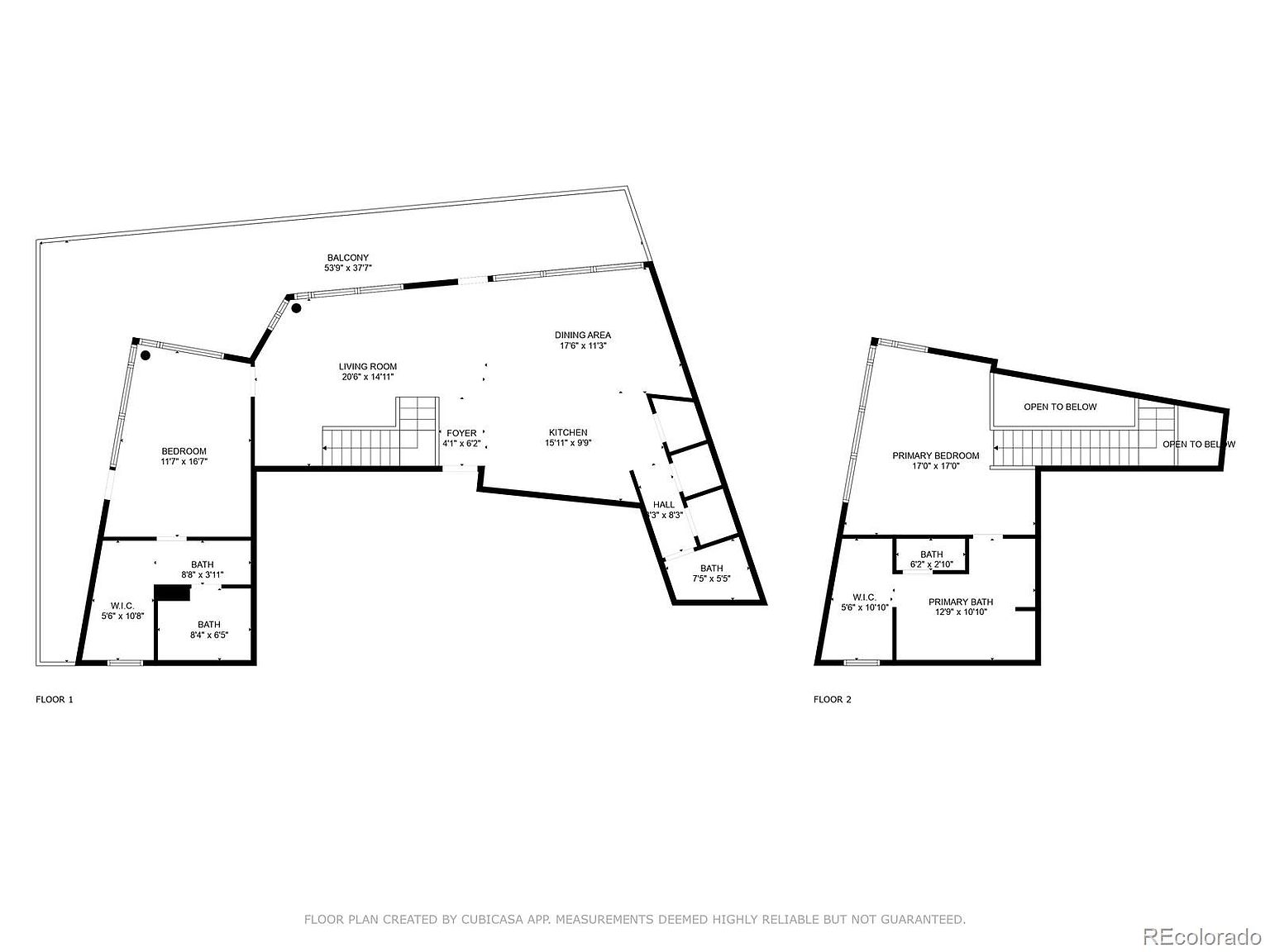 This image presents a detailed floor plan of a two-story residence. The first floor includes a living room, dining area, kitchen, bedroom, bathrooms, and a balcony, while the second floor features a primary bedroom, primary bathroom, walk-in closet, and open areas overlooking below. The floor plan provides precise dimensions for each room, offering a comprehensive overview of the property's layout and spatial arrangement.