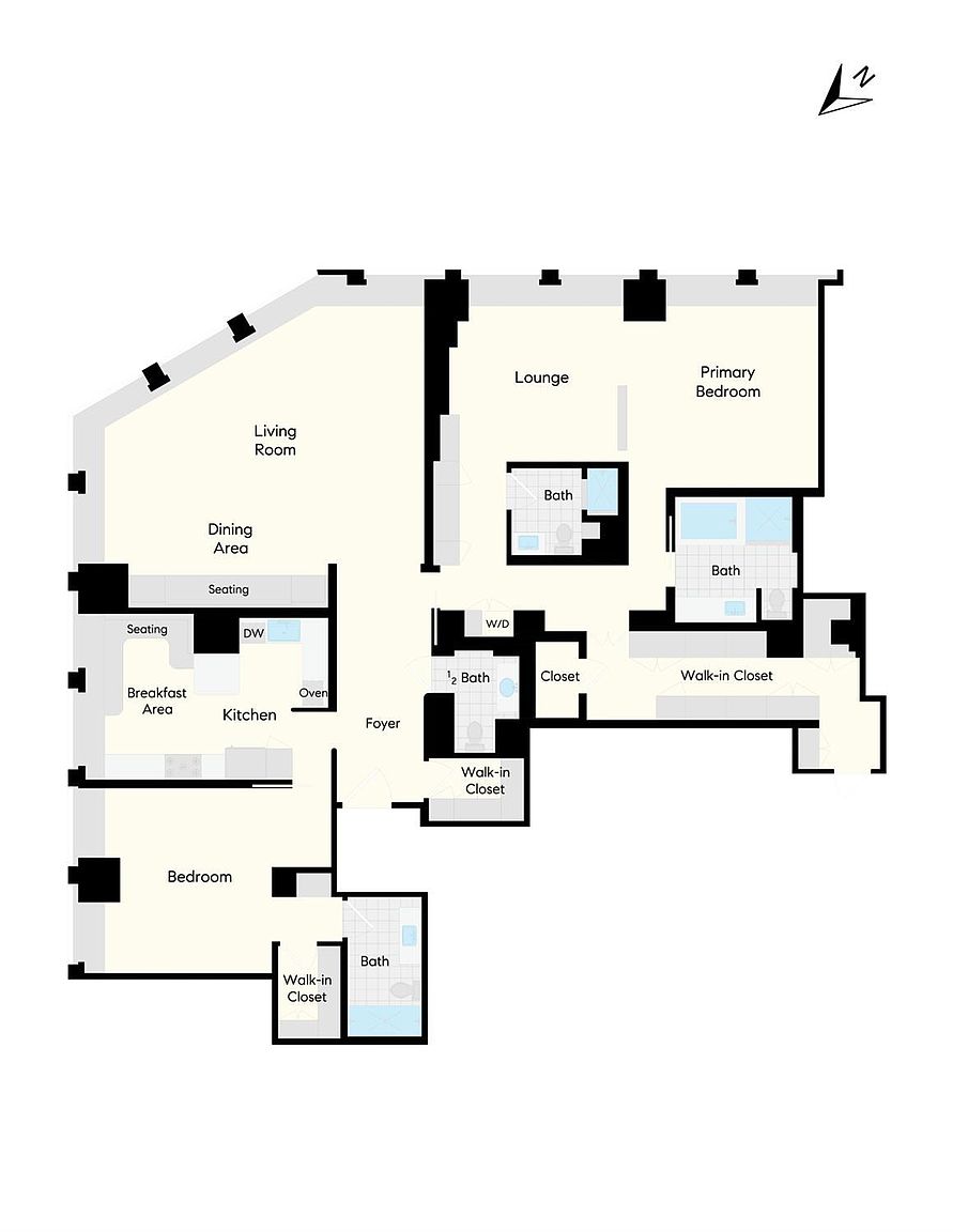 This image is a detailed 2D floor plan of a residential apartment unit, showcasing the layout of multiple rooms including a primary bedroom, a secondary bedroom, a living room, and a kitchen. The plan highlights the spatial arrangement of various amenities such as walk-in closets, multiple bathrooms, a laundry area, and a foyer. The top-down perspective provides a clear overview of the flow and connectivity between the living spaces and private quarters.