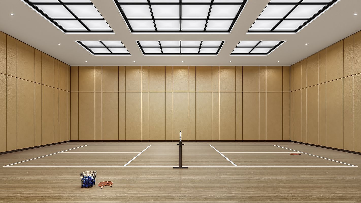 This indoor sports court features light wood-paneled walls and a matching wood floor, creating a clean and minimalist aesthetic. The space is illuminated by a series of recessed, grid-patterned ceiling lights that provide bright, even lighting across the court. A central net divides the court, with a basket of balls and a paddle placed on the floor, suggesting a space designed for recreational activities like pickleball or table tennis.