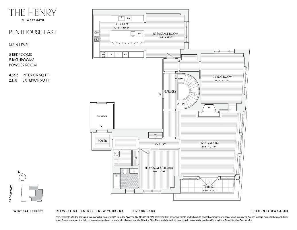 This image is a detailed architectural floor plan for the main level of a luxury penthouse unit at The Henry. The layout features a spacious kitchen and breakfast room, a formal dining room, a living room with access to a terrace, and a bedroom or library. A central gallery with a curved staircase serves as the focal point, connecting the various living areas and the private elevator foyer.