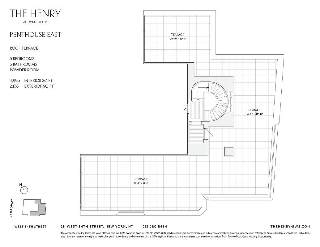 This image is a detailed architectural floor plan for the 'Penthouse East' unit at The Henry, located at 211 West 84th Street. The layout highlights an expansive roof terrace with three distinct outdoor sections, a central spiral staircase, and a clear orientation toward Broadway. The diagram provides precise dimensions for the terrace areas and lists the property's specifications, including five bedrooms, five bathrooms, and a powder room.