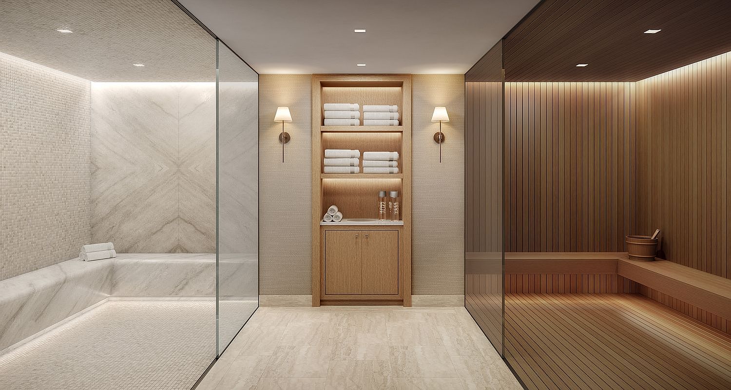 This sophisticated spa facility features a symmetrical layout with a central storage unit flanked by a steam room on the left and a sauna on the right. The steam room is enclosed by floor-to-ceiling glass and showcases stone surfaces, while the sauna is finished in warm-toned wood slats with integrated bench seating. The central area includes a wooden cabinet with open shelving for towels and toiletries, illuminated by elegant wall sconces, creating a serene and luxurious atmosphere.
