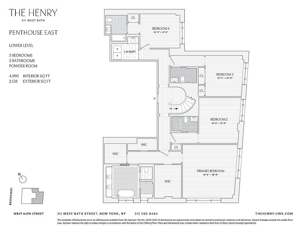 This image is a detailed architectural floor plan for the lower level of a penthouse unit at The Henry. It illustrates the layout of four bedrooms, including a primary suite with a walk-in closet and bathroom, along with a laundry room and a central staircase. The diagram provides precise dimensions for each room and includes a small site map indicating the building's location on the corner of Broadway and West 84th Street.