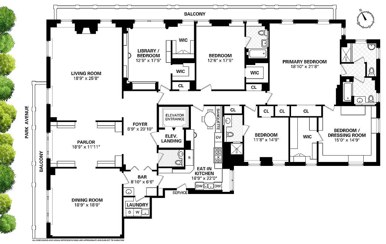 This image presents a detailed floor plan of a luxurious apartment. It includes multiple bedrooms, a spacious living room, a dining room, a library/bedroom, and an eat-in kitchen. The layout also features balconies, walk-in closets, and a laundry room, showcasing a well-designed and comfortable living space.