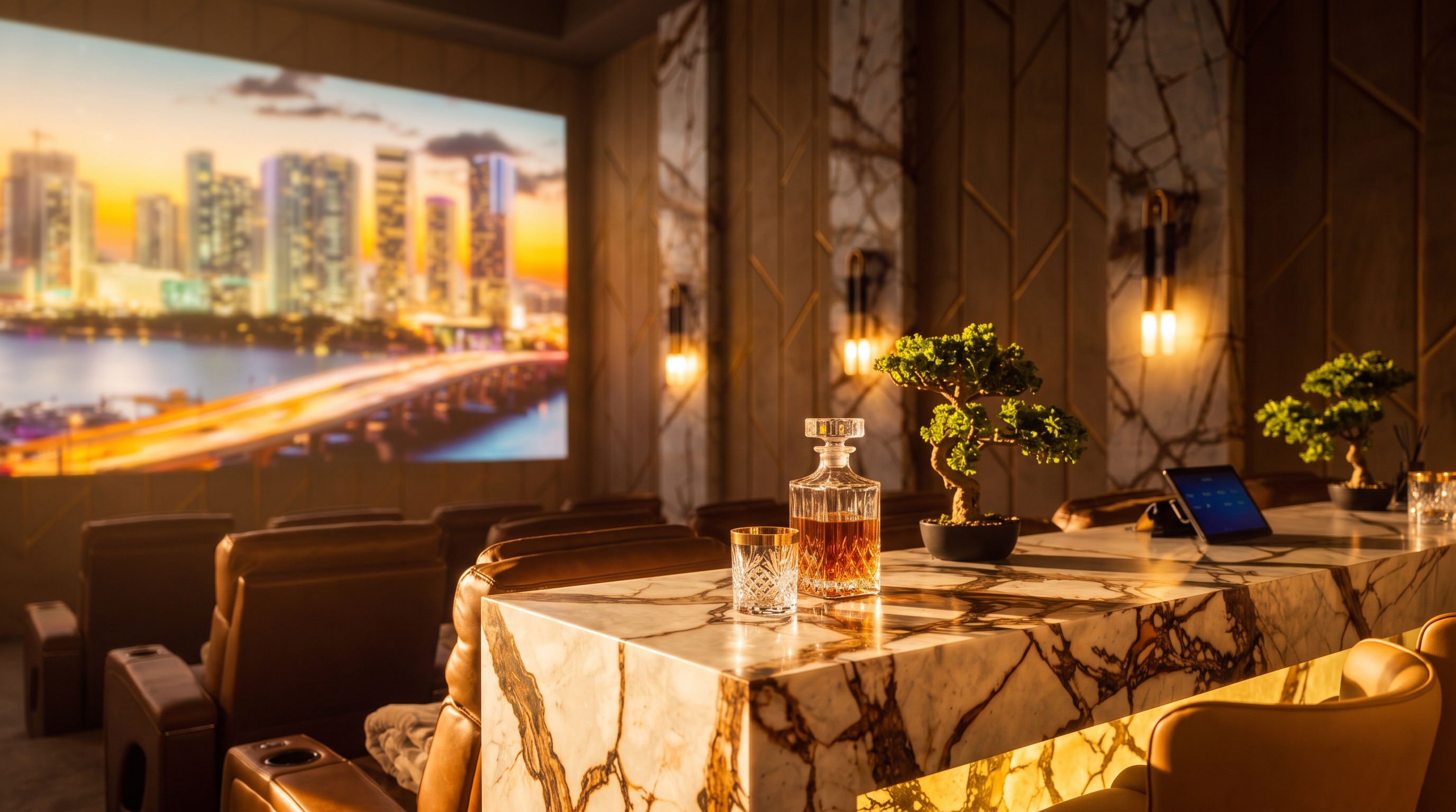 This luxurious home theater features tiered leather seating facing a large projection screen displaying a vibrant cityscape. A high-top bar with a stone surface and matching stools provides additional seating, while the ceiling is designed with a starry night effect. The room is accented with warm, vertical wall paneling and integrated lighting, creating an sophisticated and immersive entertainment environment.