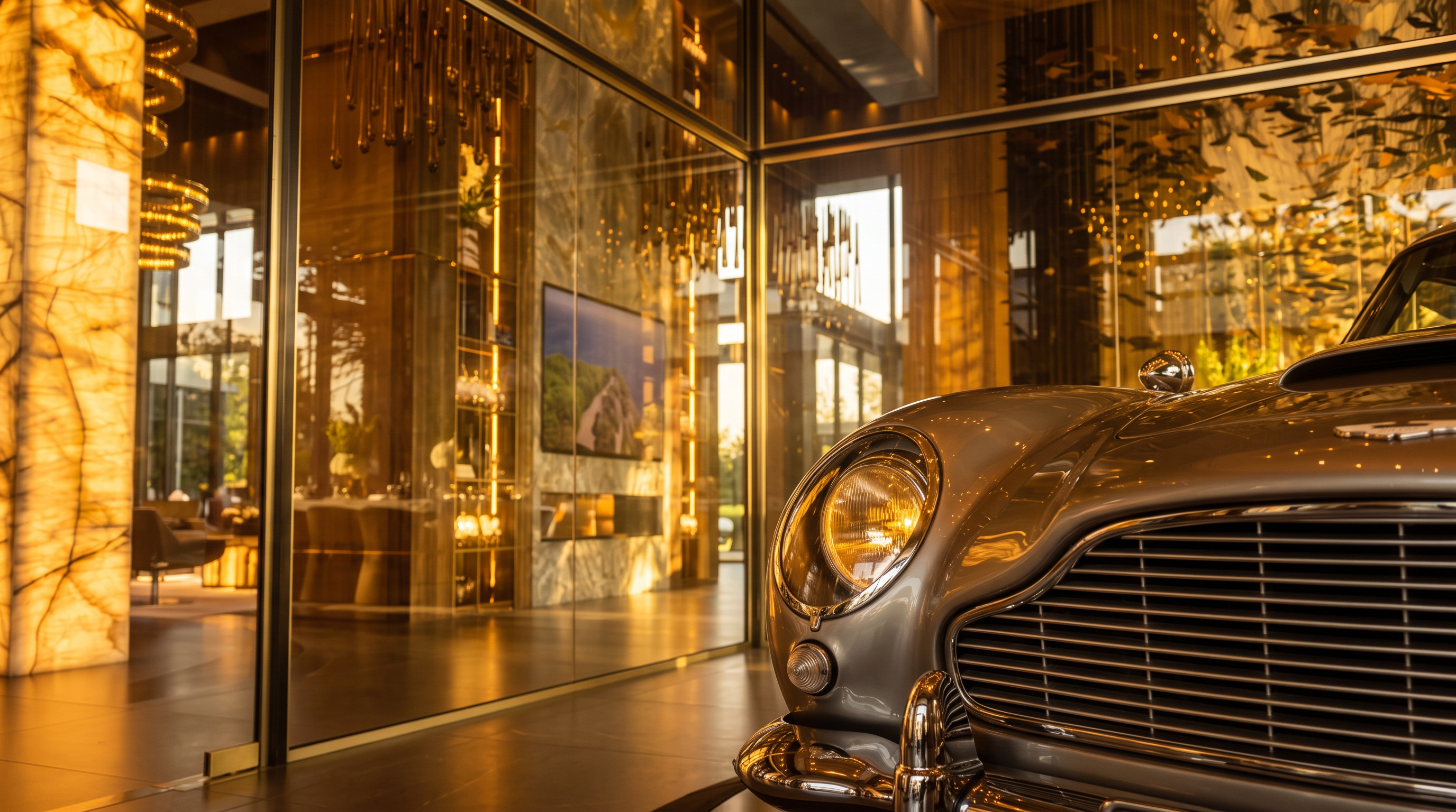 This image showcases a high-end, gallery-style display area featuring a classic silver sports car positioned on a rotating platform. The space is enclosed by expansive floor-to-ceiling glass walls that provide a clear view into an adjacent dining area with elegant table settings and modern lighting fixtures. The interior design incorporates rich, warm-toned stone wall panels and intricate, hanging decorative elements, creating a sophisticated and luxurious atmosphere.