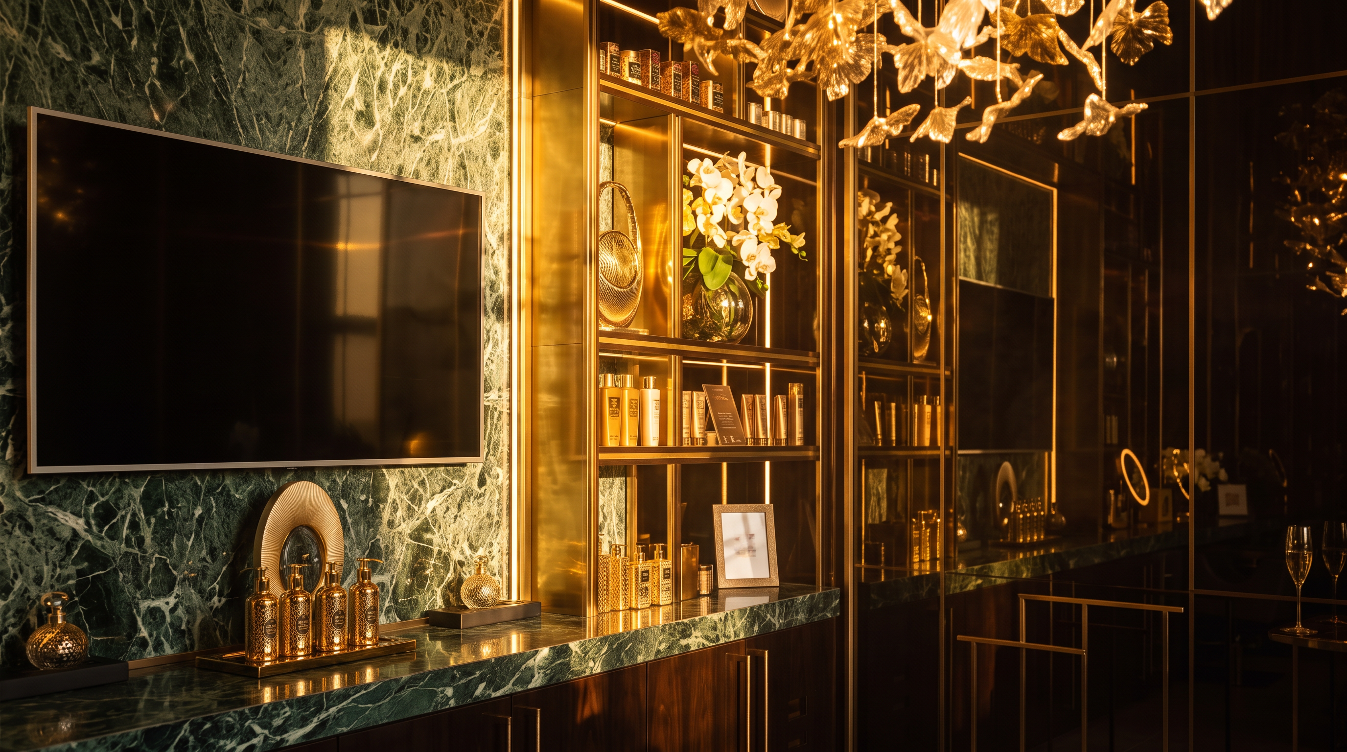 This luxurious salon or spa space features a dramatic, gold-toned sculptural chandelier suspended over a central area with two professional shampoo stations. The room is defined by rich, dark wood cabinetry, green stone surfaces, and mirrored walls that create an expansive, high-end atmosphere. Two plush, cream-colored armchairs sit in the foreground, while a long vanity with illuminated mirrors provides a sophisticated area for grooming services.
