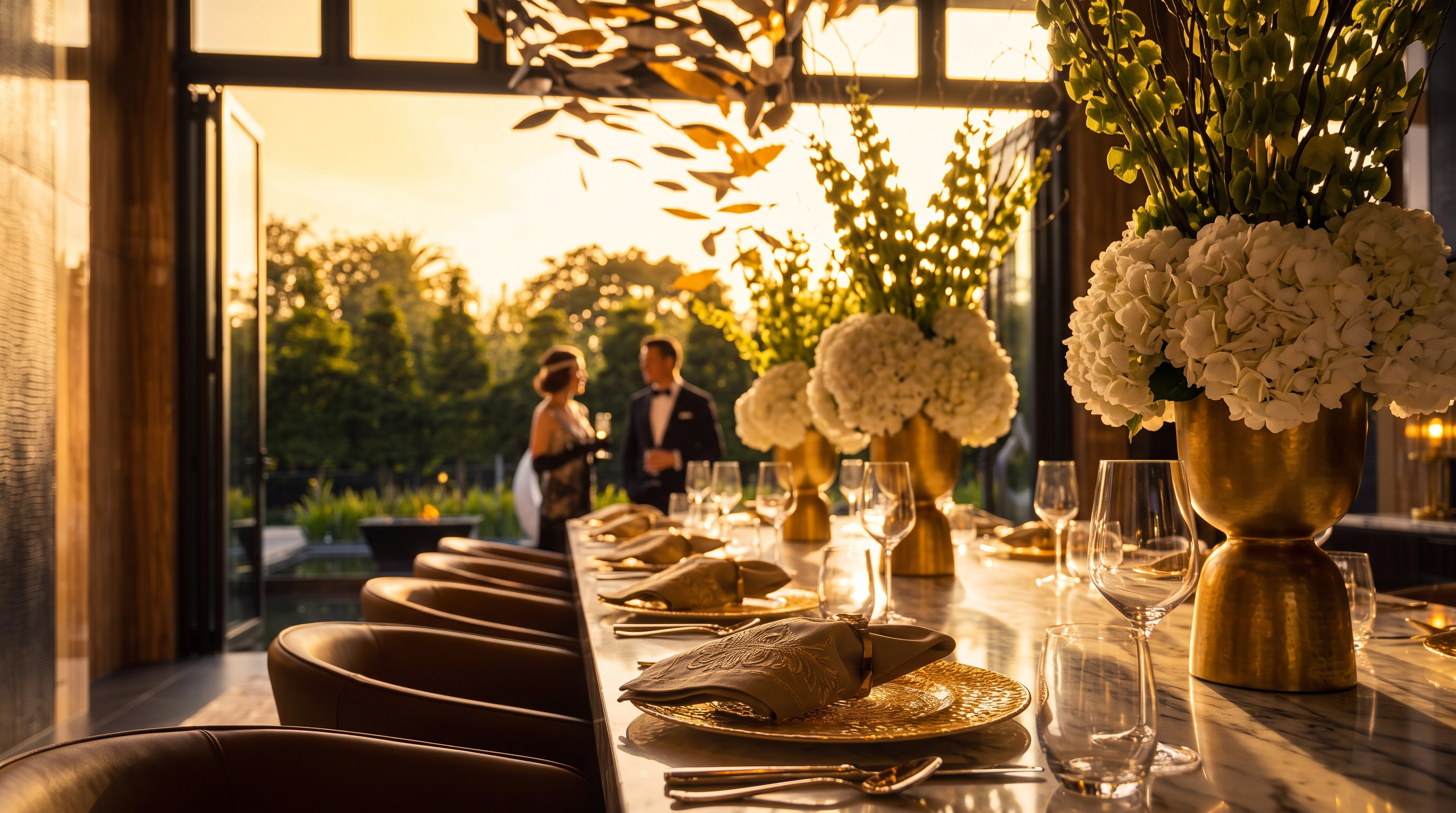 This luxurious dining room features a long, stone-topped table surrounded by modern, tan-upholstered chairs, perfect for large-scale entertaining. A dramatic, sculptural light fixture with metallic leaf-like accents hangs above the table, while tall windows provide a seamless connection to the outdoor patio and garden. The space is elegantly appointed with floral centerpieces and a built-in wine storage unit, creating a sophisticated and inviting atmosphere.