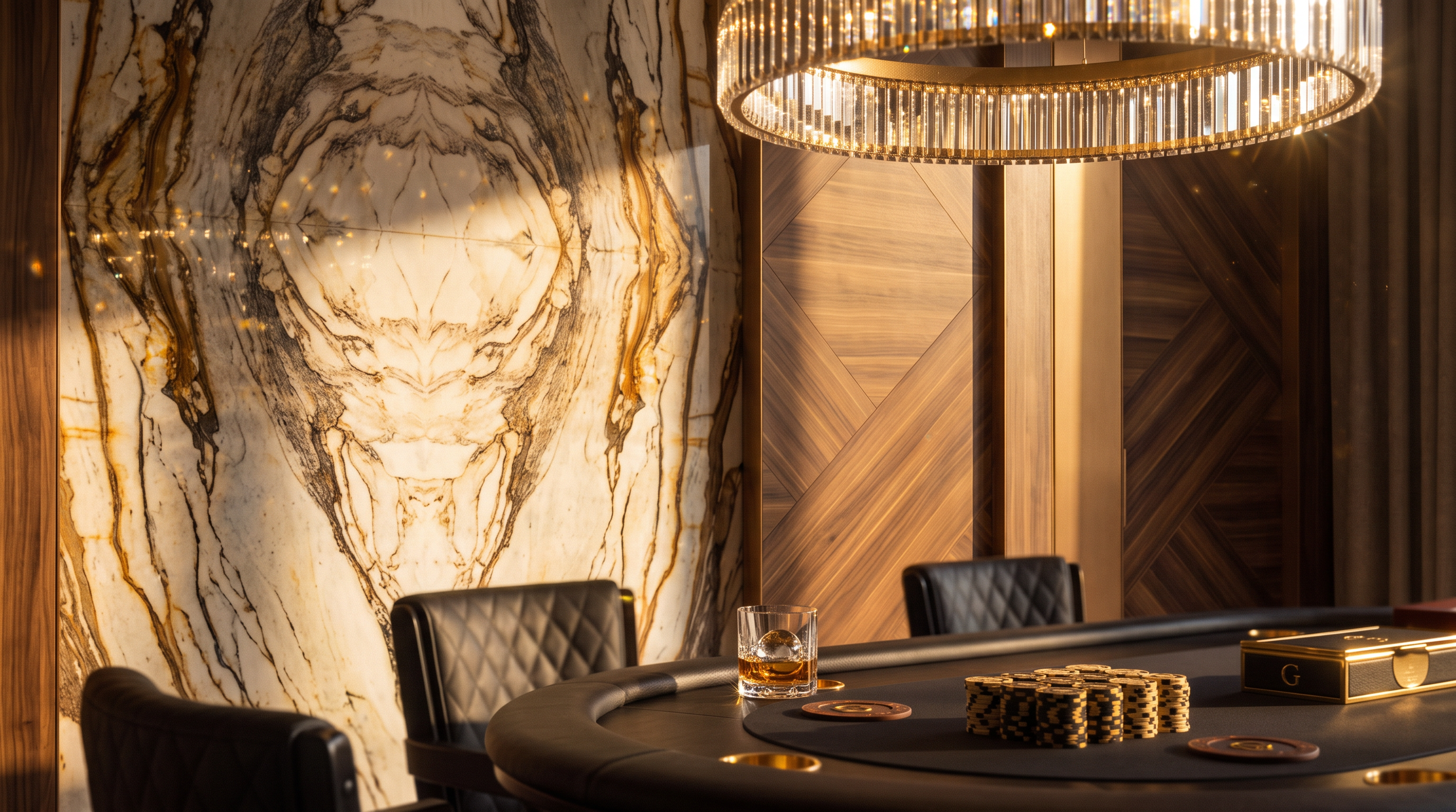 This luxurious game room features a central poker table surrounded by black leather chairs, set against a backdrop of dramatic stone-clad walls and intricate wood paneling. The space includes a built-in bar area with stools, a small beverage refrigerator, and decorative shelving units filled with greenery and gold accents. Circular crystal chandeliers hang from the ceiling, casting a warm glow over the sophisticated, high-end entertainment area.