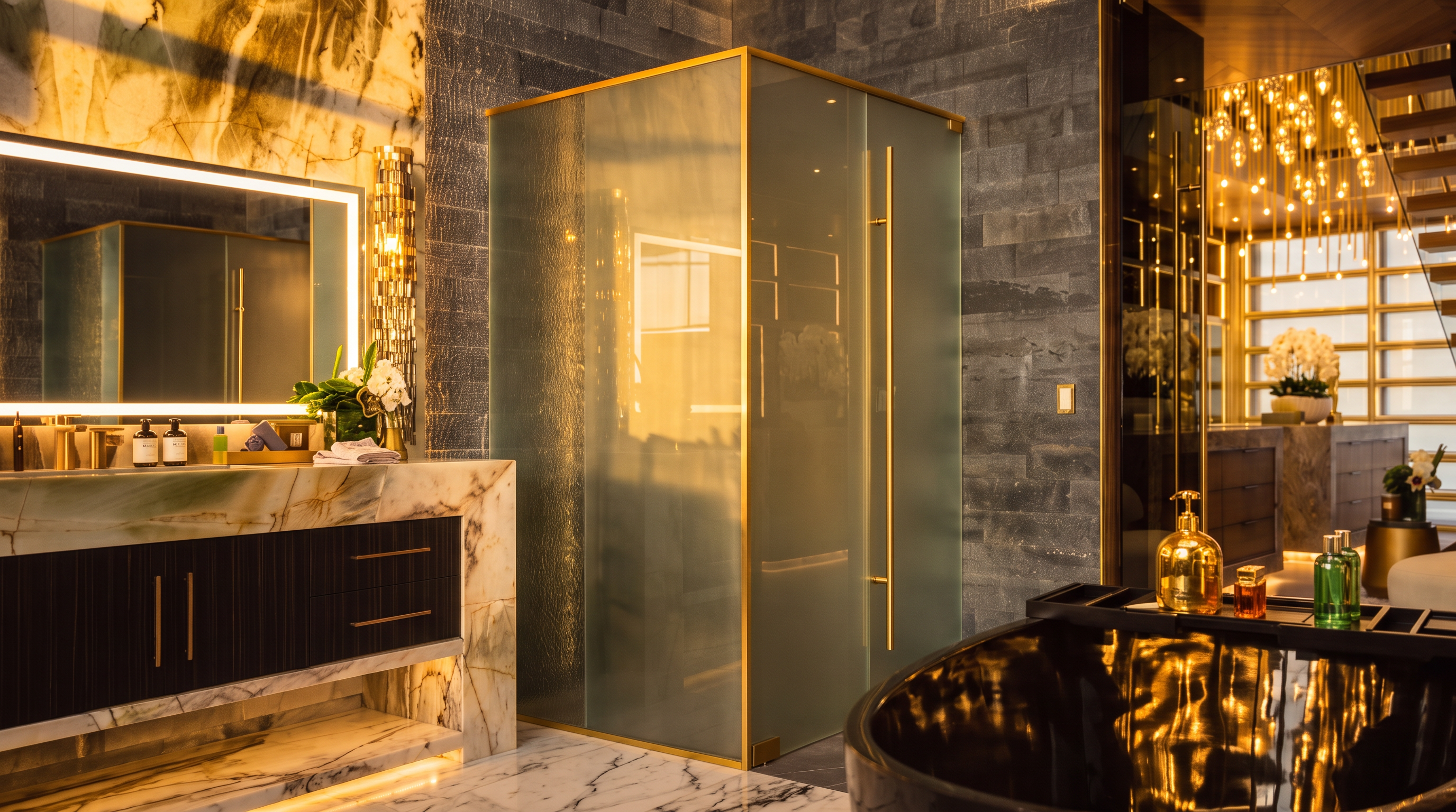 This luxurious primary bathroom features a striking black oval soaking tub as its centerpiece, set against a backdrop of dramatic, veined stone walls. The space includes a floating vanity with integrated lighting, a glass-enclosed shower, and a seamless transition into an adjacent dressing area with warm wood accents and elegant lighting. The overall aesthetic is one of high-end sophistication, characterized by rich textures, metallic gold hardware, and a refined, modern design.