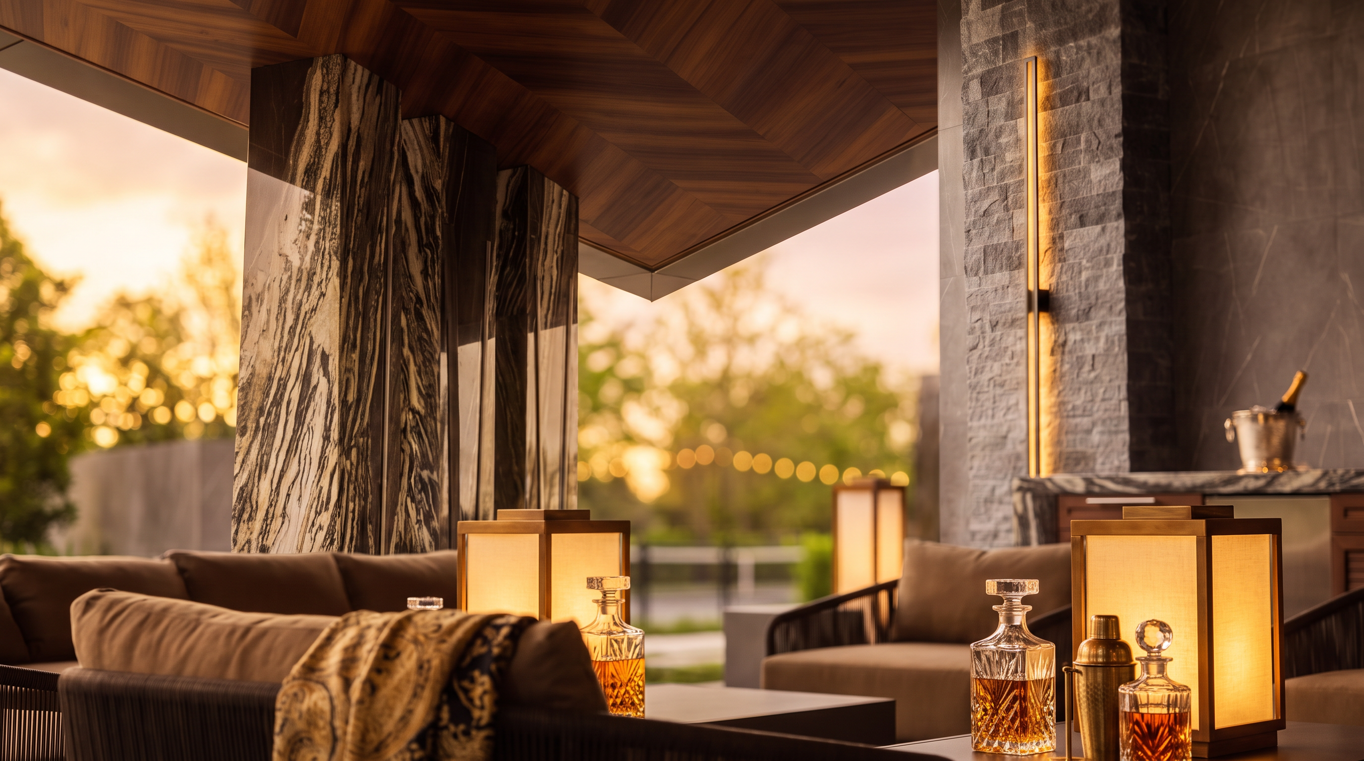 This expansive covered outdoor living space features a sophisticated, modern design with a herringbone-patterned wood ceiling and a large central ceiling fan. The area is furnished with two symmetrical seating arrangements, each consisting of a long sofa and two armchairs centered around low tables with integrated lighting. The space opens up to a landscaped backyard, showcasing a seamless transition between indoor comfort and outdoor leisure.