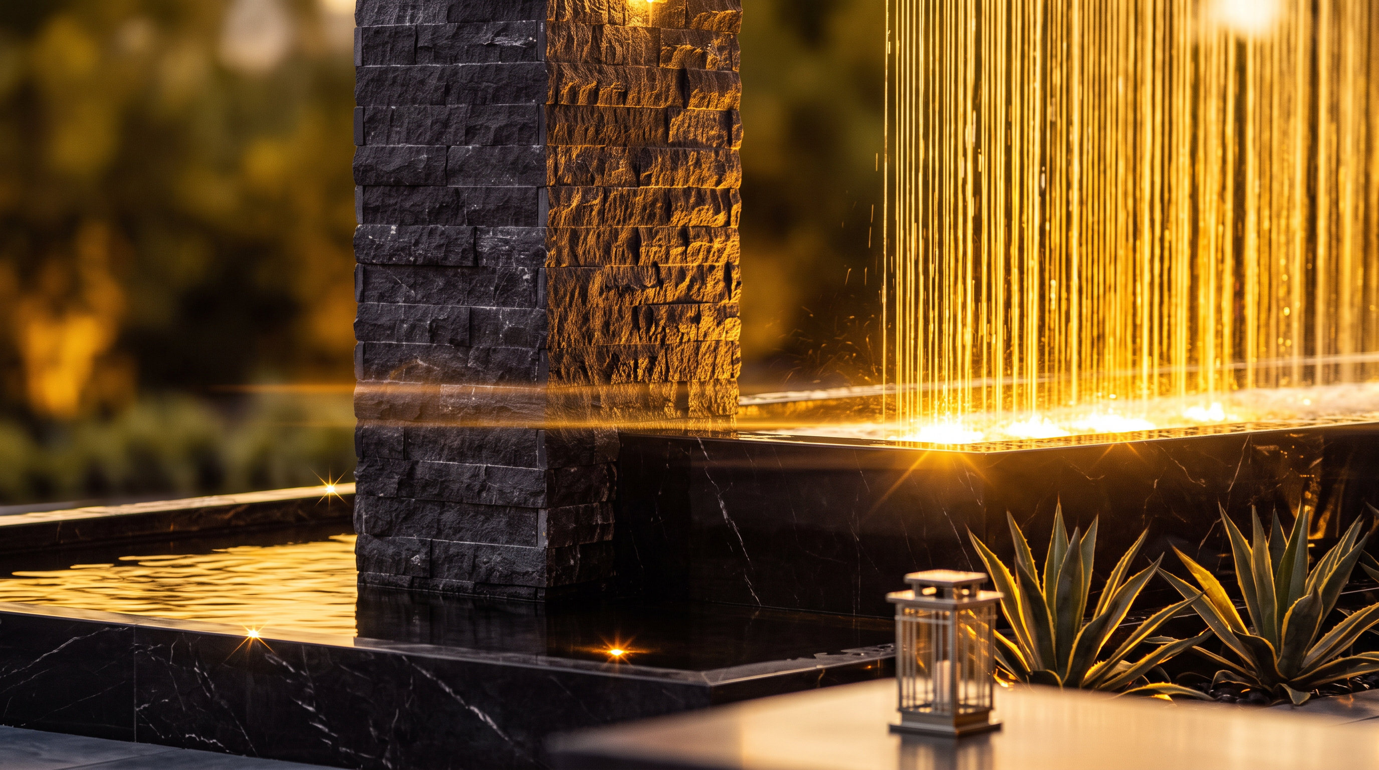 This dramatic, modern entryway features a grand porte-cochère with a starlit ceiling design and a striking water feature cascading down a stone wall. The expansive paved motor court is flanked by sleek, dark stone walls, integrated linear lighting, and manicured landscaping, creating a sophisticated and luxurious arrival experience. The perspective captures the architectural scale of the home against a vibrant sunset, emphasizing the high-end materials and contemporary design.
