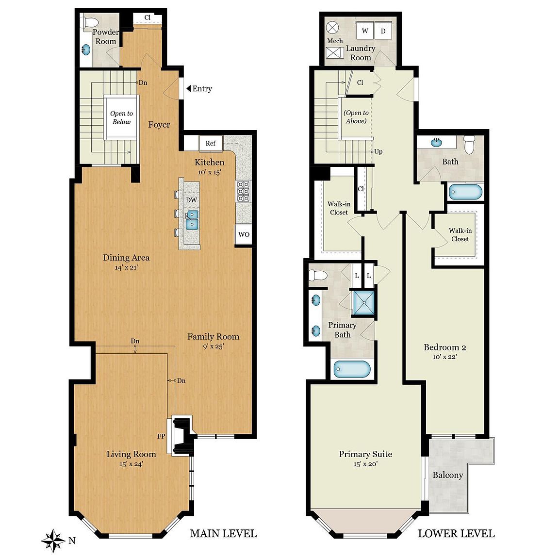 This image displays a detailed 2D floor plan for a two-level residential property, labeled as Main Level and Lower Level. The layout features an open-concept design with a kitchen, dining area, family room, and living room on the main level, while the lower level houses the primary suite, a second bedroom, and laundry facilities. The architectural drawing provides a clear top-down perspective, highlighting room dimensions, structural elements like stairs and fireplaces, and the flow between living spaces.