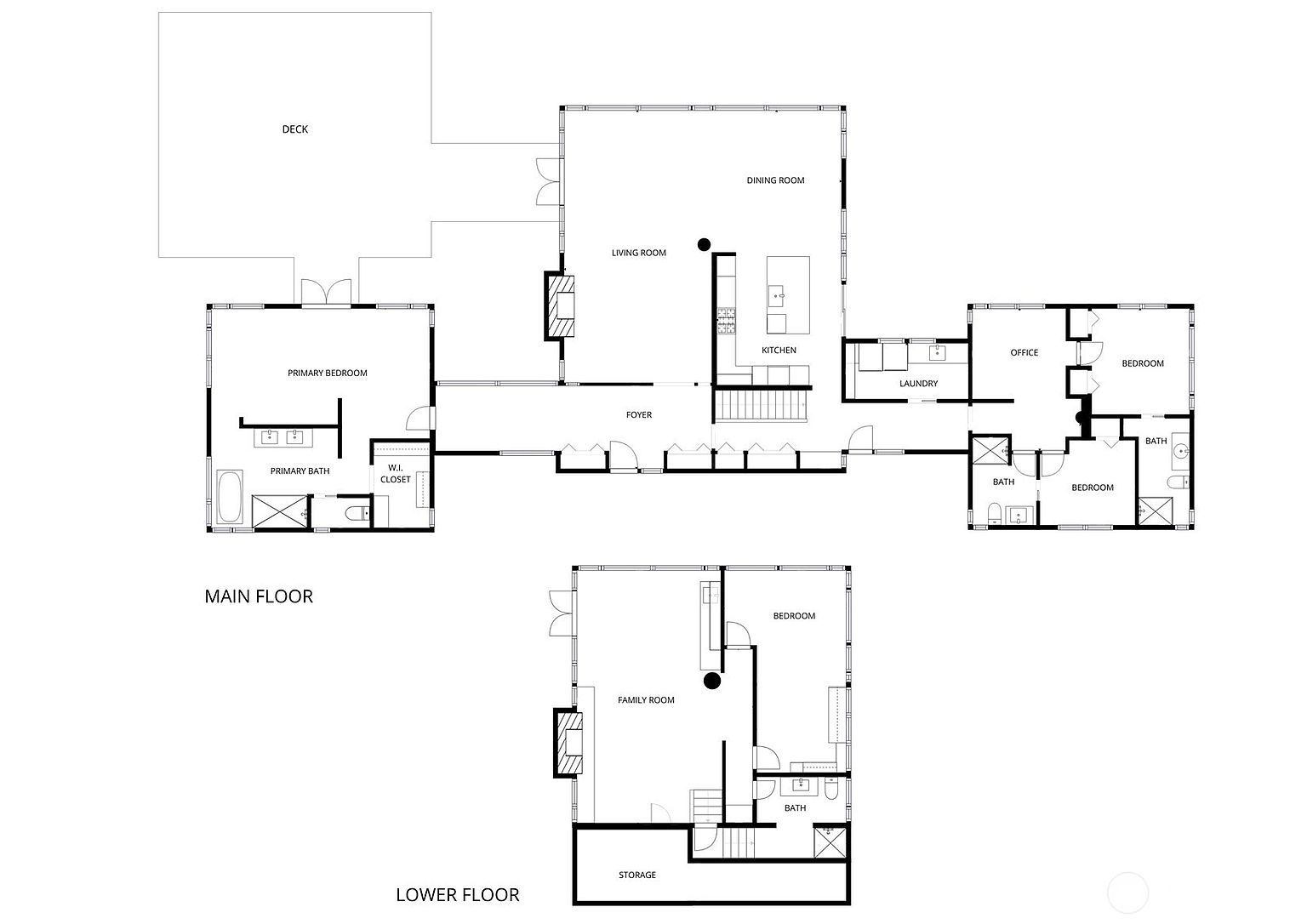 This image showcases a detailed floor plan of a house, depicting the layout of the main floor and lower floor. The main floor includes a primary bedroom with an ensuite bathroom and walk-in closet, a living room, dining room, kitchen, foyer, laundry room, office, and additional bedrooms and bathrooms. The lower floor features a family room, bedroom, bathroom, and storage area, providing a comprehensive overview of the home's structure and room arrangement.