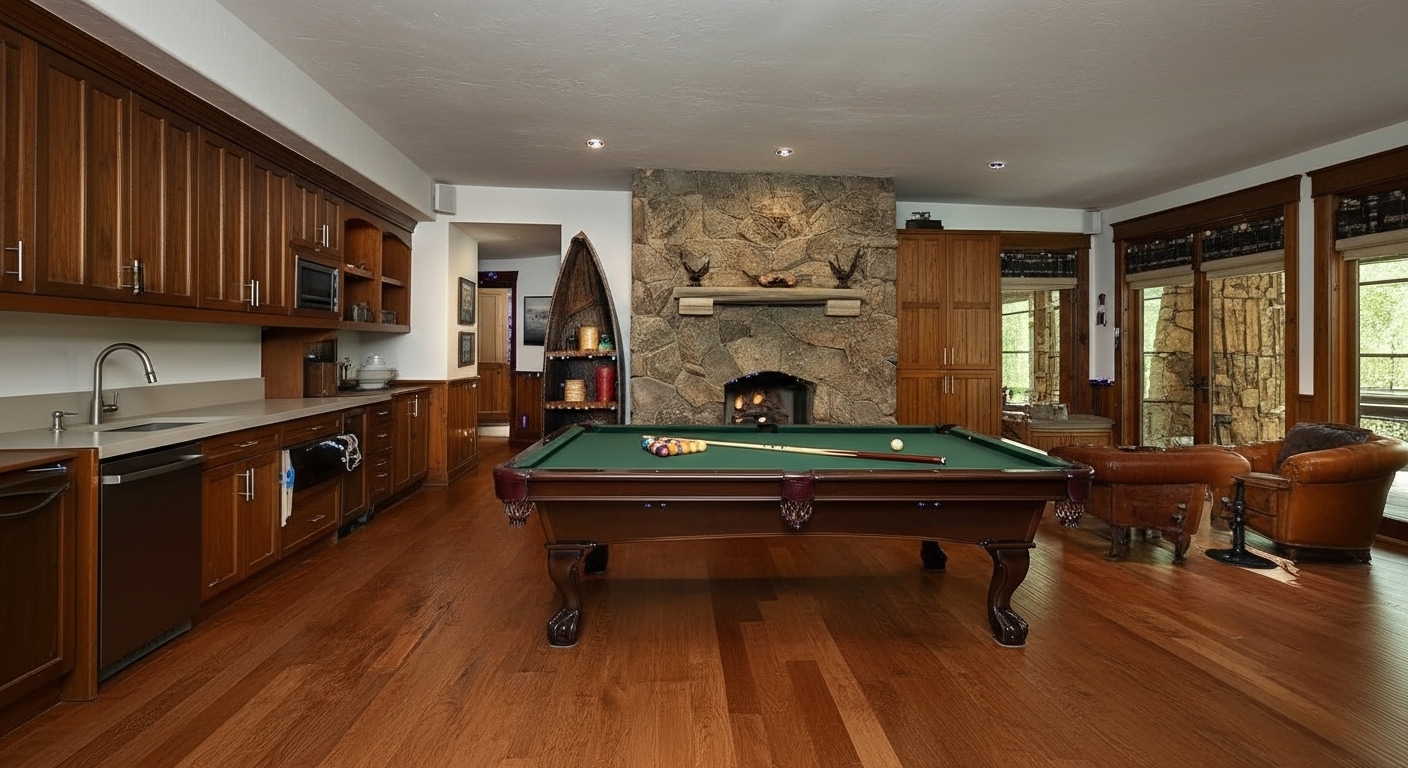 This inviting living room features hardwood floors, a stone fireplace, and a pool table. A built-in kitchen area is visible on the left, while comfortable seating creates a relaxing atmosphere on the right. The combination of rustic elements and recreational features makes this a unique and appealing space.