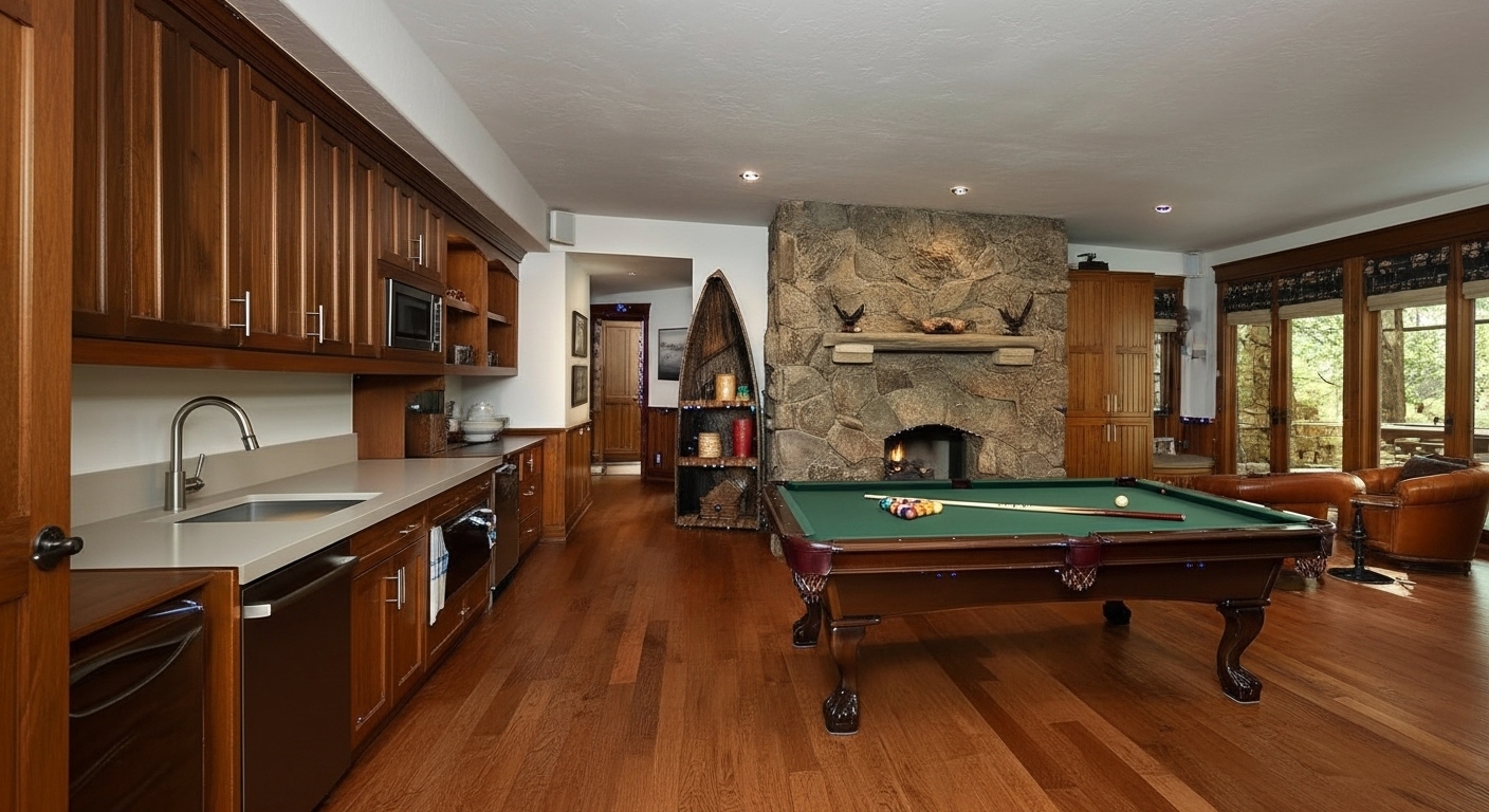 This living room features hardwood flooring, a stone fireplace, and a pool table creating a recreational space within the home. The area also has a wet bar with wood cabinetry and stainless steel appliances. Large windows provide ample natural light and views of the surrounding landscape.