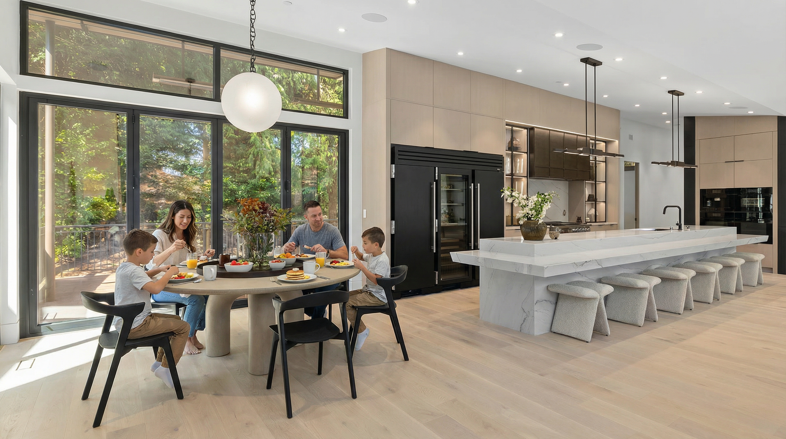 This expansive, modern open-concept kitchen and dining area features light hardwood flooring, a massive marble-topped island with seating for six, and sleek, floor-to-ceiling cabinetry. A round dining table sits adjacent to large, black-framed glass doors that provide a seamless transition to the outdoor deck, bathing the space in natural light. The design aesthetic is minimalist and sophisticated, emphasizing clean lines and high-end finishes.