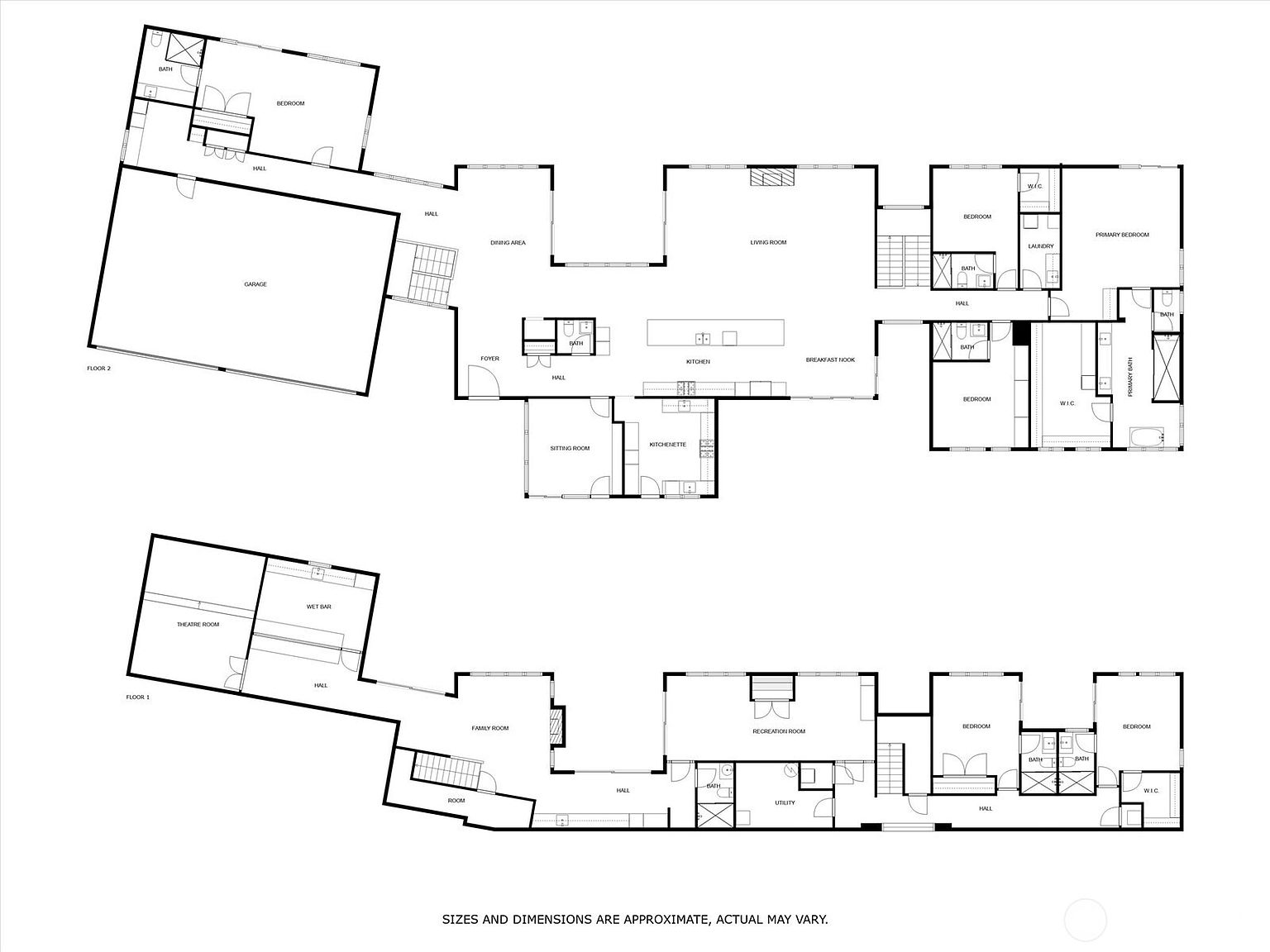 This image displays a comprehensive two-level floor plan layout for a large residential property. The architectural drawing details the spatial arrangement of various rooms, including multiple bedrooms, bathrooms, a garage, a theater room, and open-concept living areas. The schematic provides a clear, top-down perspective of the home's flow and functional zones across both floors.
