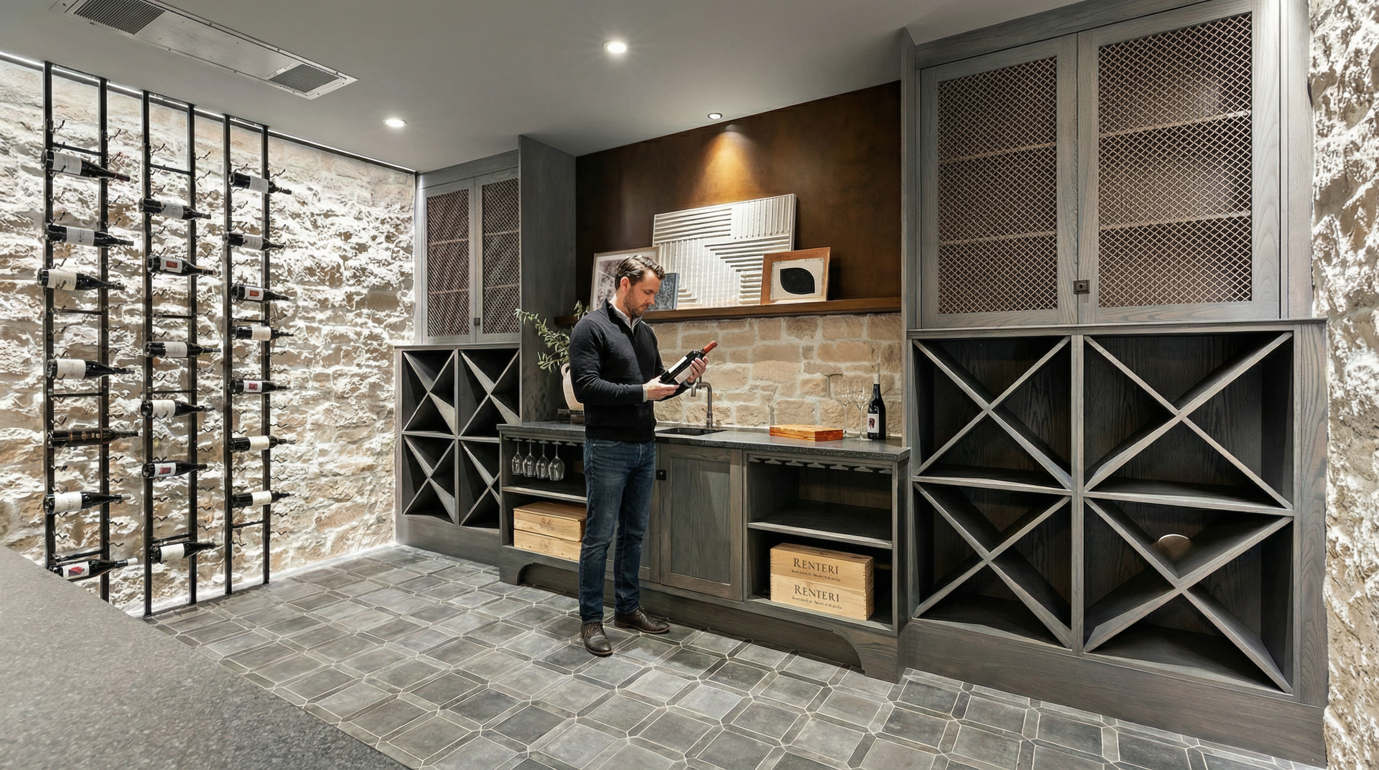 This sophisticated wine cellar features a rustic stone wall backdrop paired with custom dark-stained cabinetry and integrated metal wine racking. The space includes a functional wet bar with a sink, open shelving for storage crates, and elegant geometric floor tiling. The warm, recessed lighting creates an inviting and luxurious atmosphere perfect for wine storage and tasting.