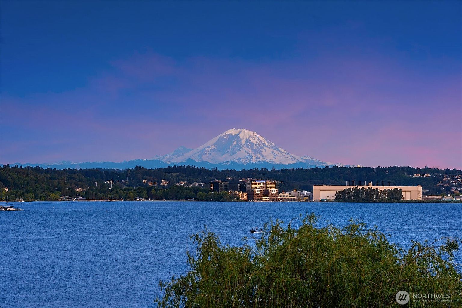 This scenic landscape shot captures a breathtaking view of a snow-capped mountain rising majestically above a calm, expansive lake. In the foreground, the lush green branches of a willow tree frame the scene, while the mid-ground features a shoreline with buildings and a small boat on the water. The sky is painted in soft hues of twilight, creating a serene and picturesque atmosphere ideal for showcasing a premium waterfront location.