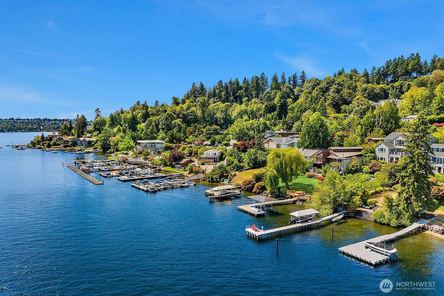 This high-angle aerial view captures a picturesque waterfront residential area nestled along a lush, tree-lined shoreline. The scene features multiple private docks extending into the deep blue water, with several boats moored, highlighting the prime lakefront lifestyle. The perspective provides a comprehensive look at the landscape, showcasing the integration of luxury homes within the dense, vibrant greenery of the hillside.