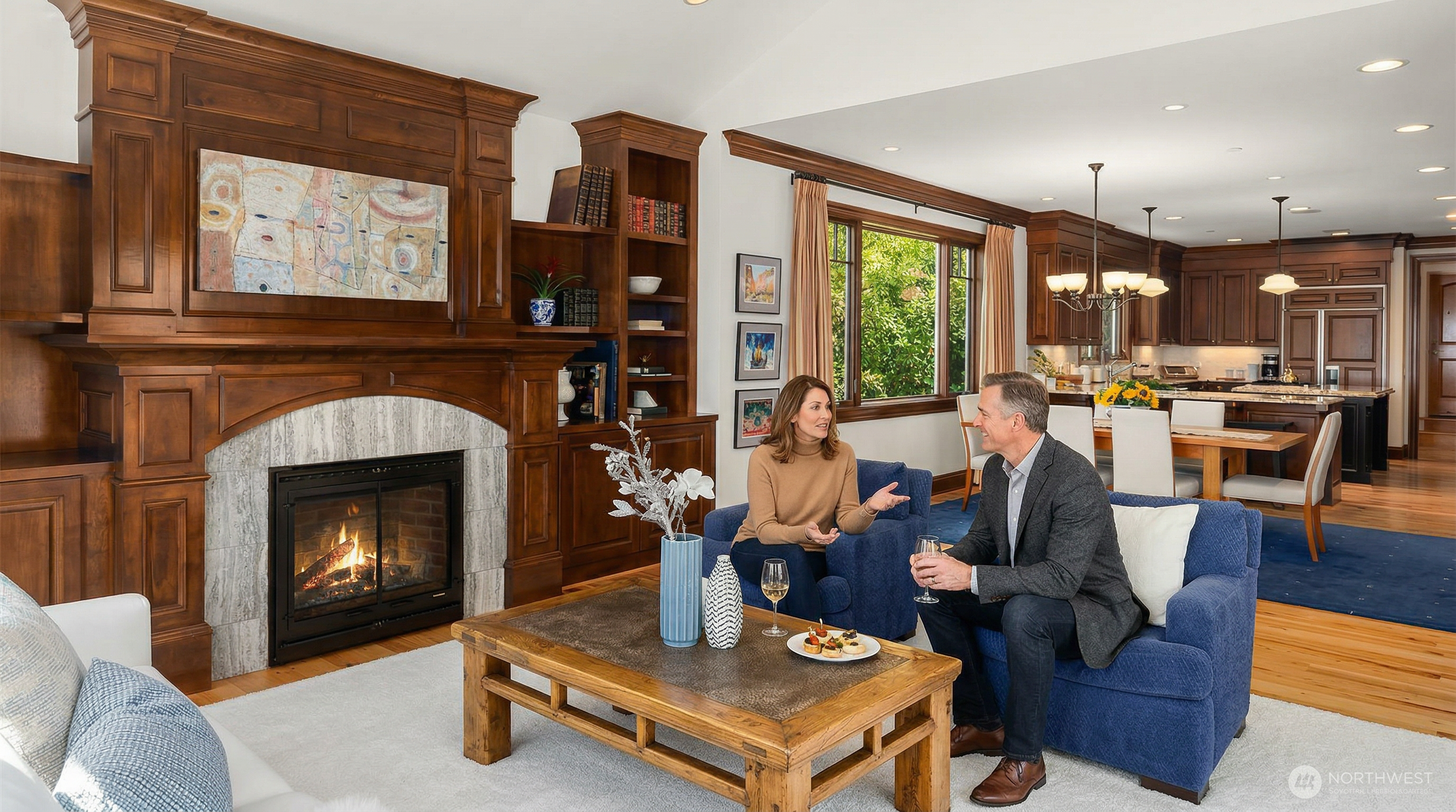 This spacious, open-concept living room features a grand wood-paneled fireplace as its focal point, complemented by built-in shelving and a cozy seating area with plush blue armchairs and a white sofa. The room flows seamlessly into a formal dining area and kitchen, creating an inviting and cohesive living space with warm hardwood floors and elegant architectural details. The perspective is a wide-angle shot from the living area looking toward the dining space, highlighting the home's airy and well-appointed layout.
