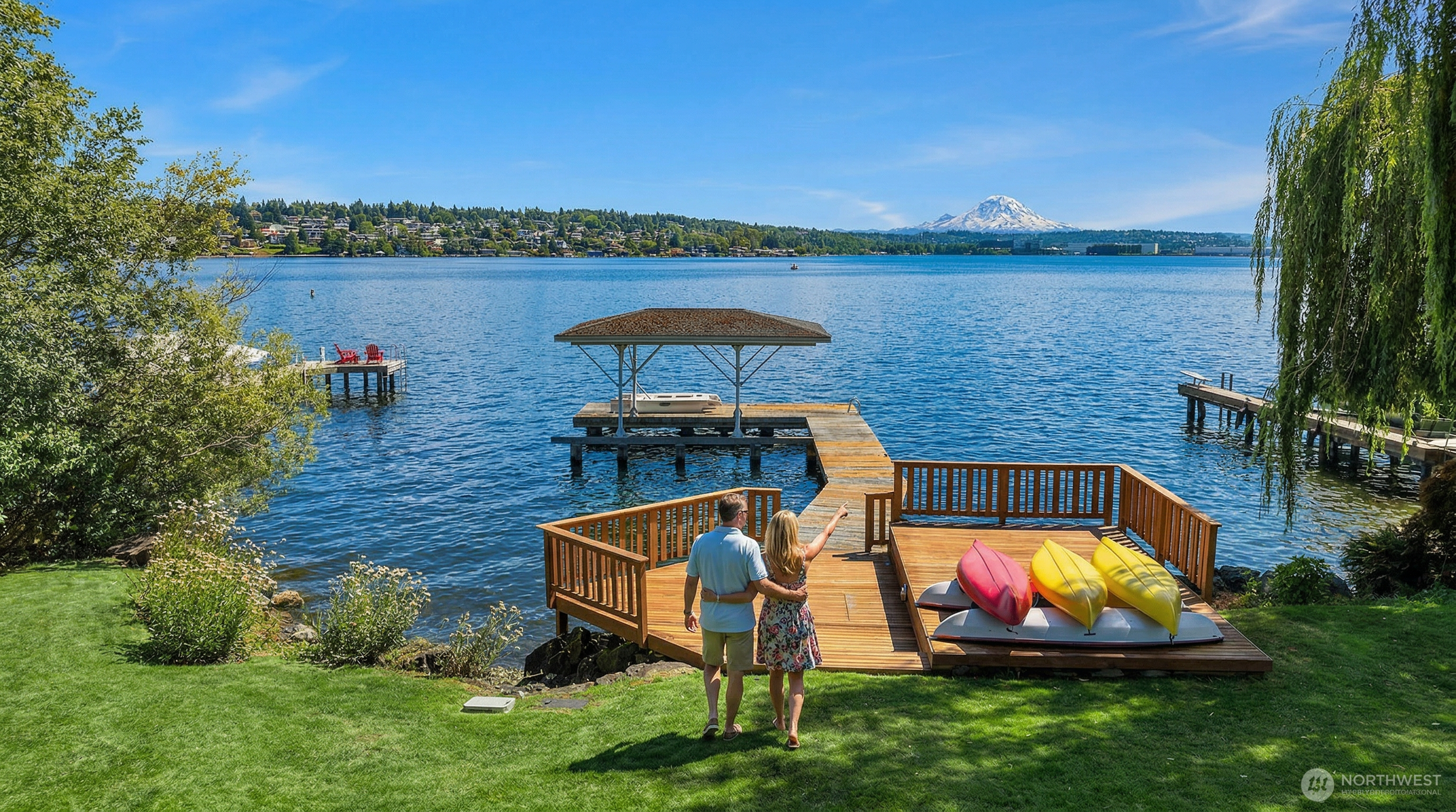 This scenic waterfront property features a beautifully maintained green lawn that transitions into a custom wooden dock extending over a calm lake. The dock includes a covered boat slip and a spacious deck area furnished with colorful kayaks, all set against a breathtaking backdrop of a snow-capped mountain. The perspective is a high-angle, wide shot that captures the serene atmosphere and the premium outdoor living space.