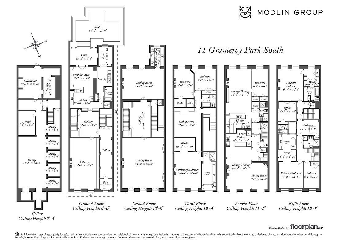 This image is a comprehensive architectural floor plan for a multi-level residence located at 11 Gramercy Park South. It displays the layout for the cellar, ground, second, third, fourth, and fifth floors, detailing room dimensions, spatial arrangements, and ceiling heights for each level. The technical drawing provides a clear overview of the property's extensive living spaces, including multiple bedrooms, kitchens, galleries, and storage areas.