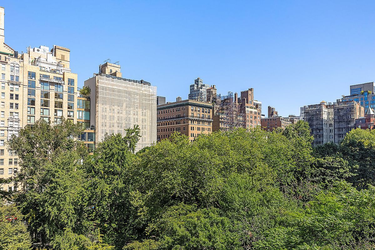 This elevated perspective captures a lush, dense canopy of green trees in the foreground, suggesting a park-like setting. Beyond the foliage, a collection of classic urban architecture is visible, including several multi-story apartment buildings with varied facades, some featuring scaffolding or protective netting. The clear blue sky provides a bright, open backdrop to this cityscape view.