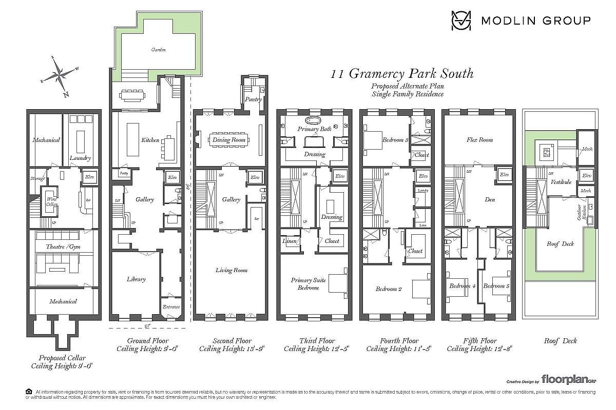This image displays a comprehensive architectural floor plan for a multi-level single-family residence located at 11 Gramercy Park South. The diagram illustrates the layout of seven distinct levels, ranging from the proposed cellar to the roof deck, detailing the placement of rooms, elevators, stairs, and outdoor spaces. The technical drawing provides a clear, top-down perspective of the home's spatial organization and flow.